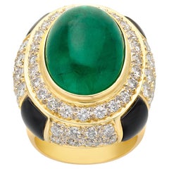 1980's 18k Yellow Gold Oval Emerald & Onyx Ring