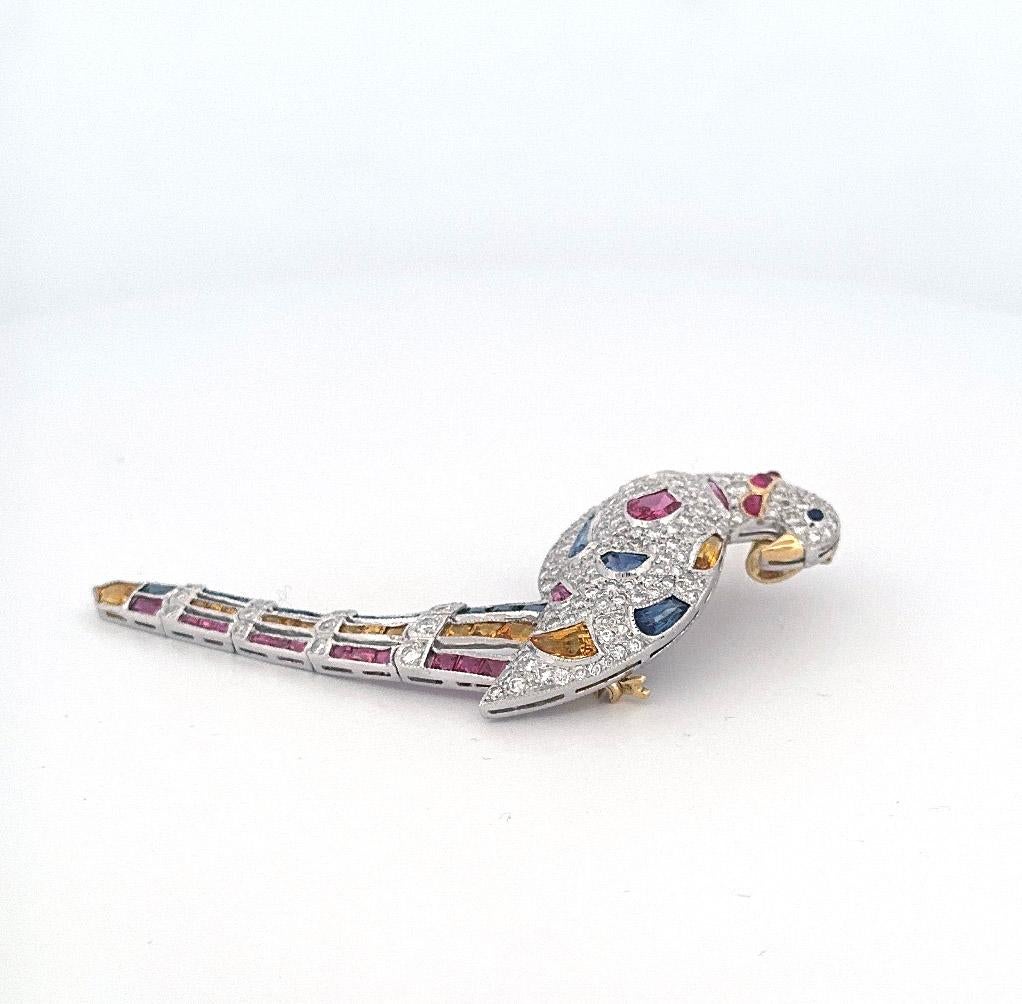 Modern 1980s 18k Yellow & White Gold Pave Diamond and Multi-Color Sapphire Bird Pin