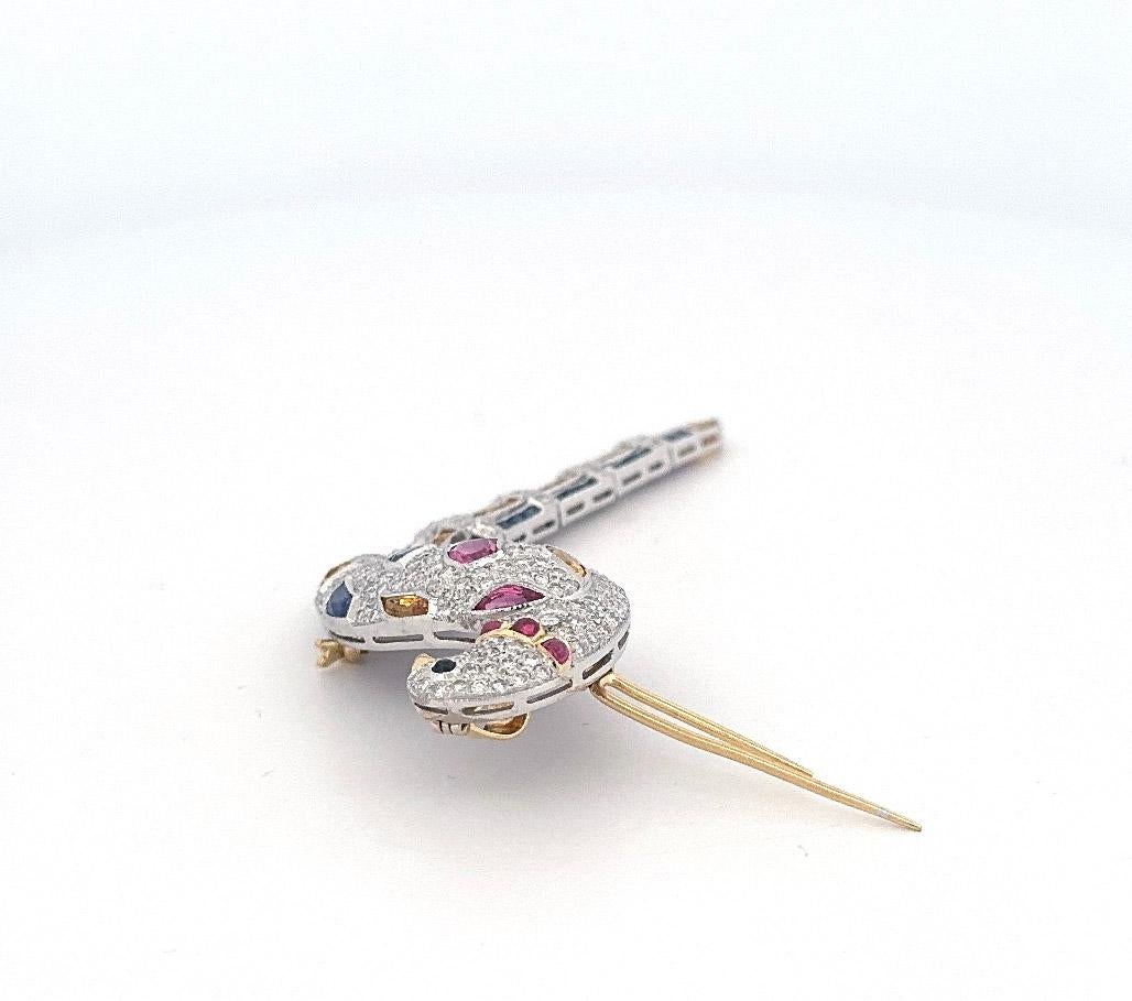 Round Cut 1980s 18k Yellow & White Gold Pave Diamond and Multi-Color Sapphire Bird Pin