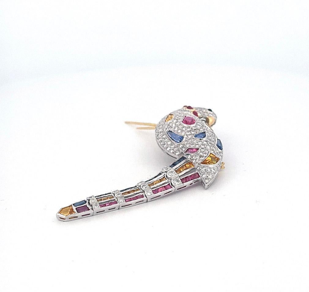 1980s 18k Yellow & White Gold Pave Diamond and Multi-Color Sapphire Bird Pin 1