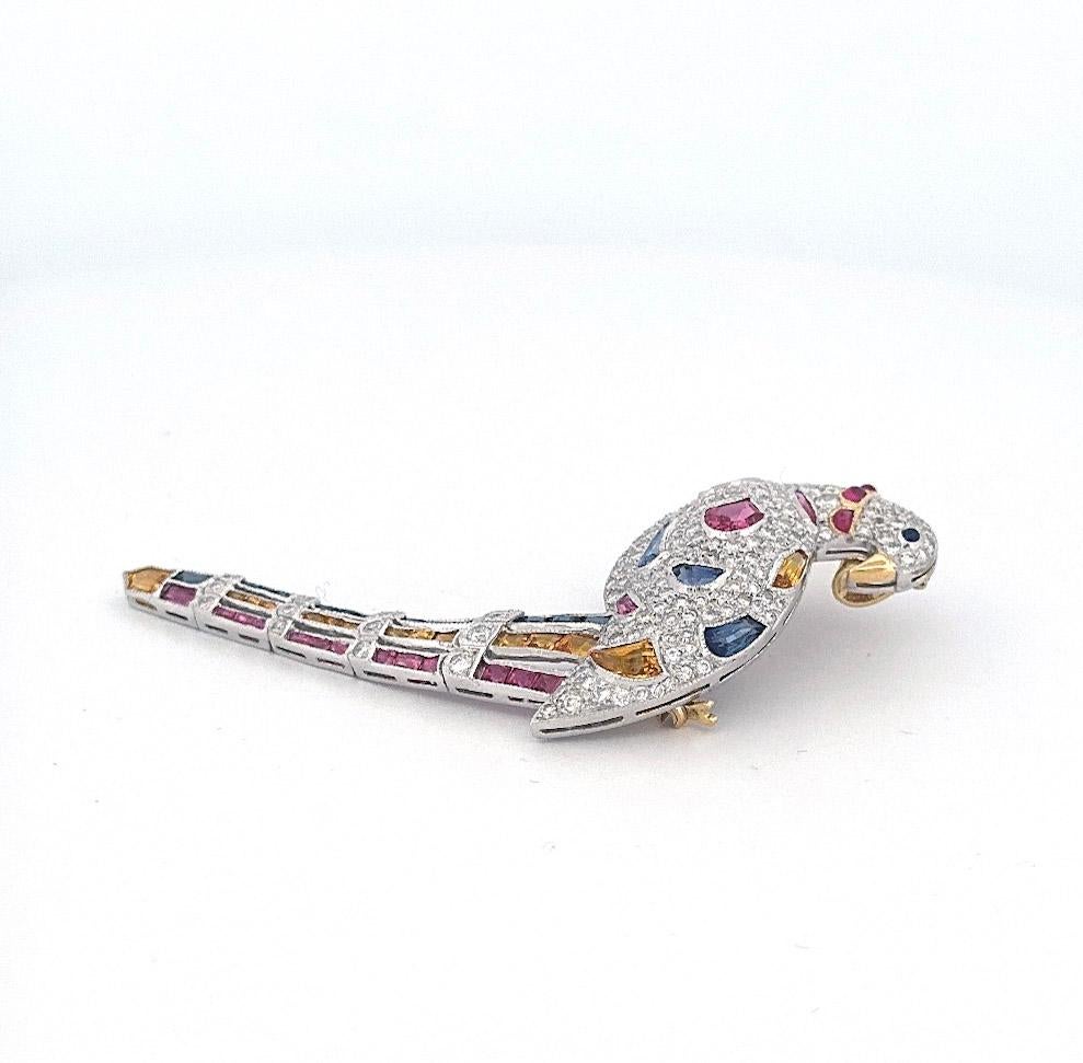 1980s 18k Yellow & White Gold Pave Diamond and Multi-Color Sapphire Bird Pin 2