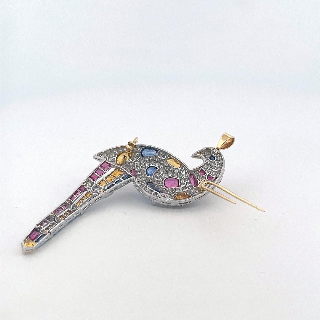 1980s 18k Yellow & White Gold Pave Diamond and Multi-Color Sapphire Bird Pin 3