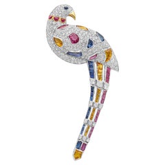 1980s 18k Yellow & White Gold Pave Diamond and Multi-Color Sapphire Bird Pin