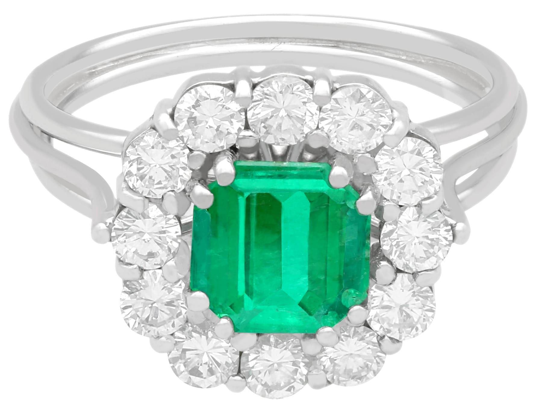 Square Cut 1980s, 1.94 Carat Emerald and Diamond White Gold Cluster Engagement Ring