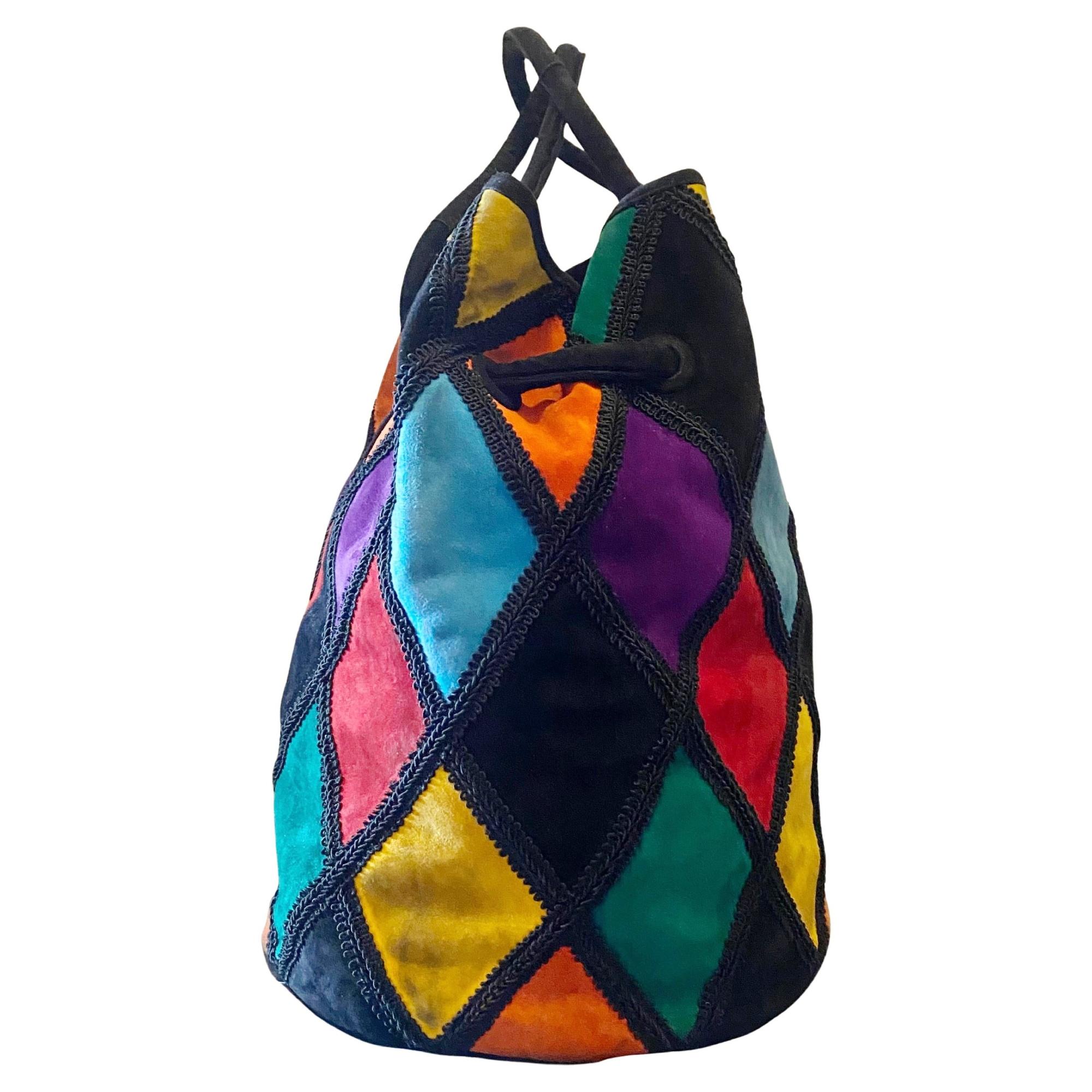 Años 80 Años 80 Moschino By Redwall Harlequin Bucket Bag  Parches de ante multicolor en venta 1