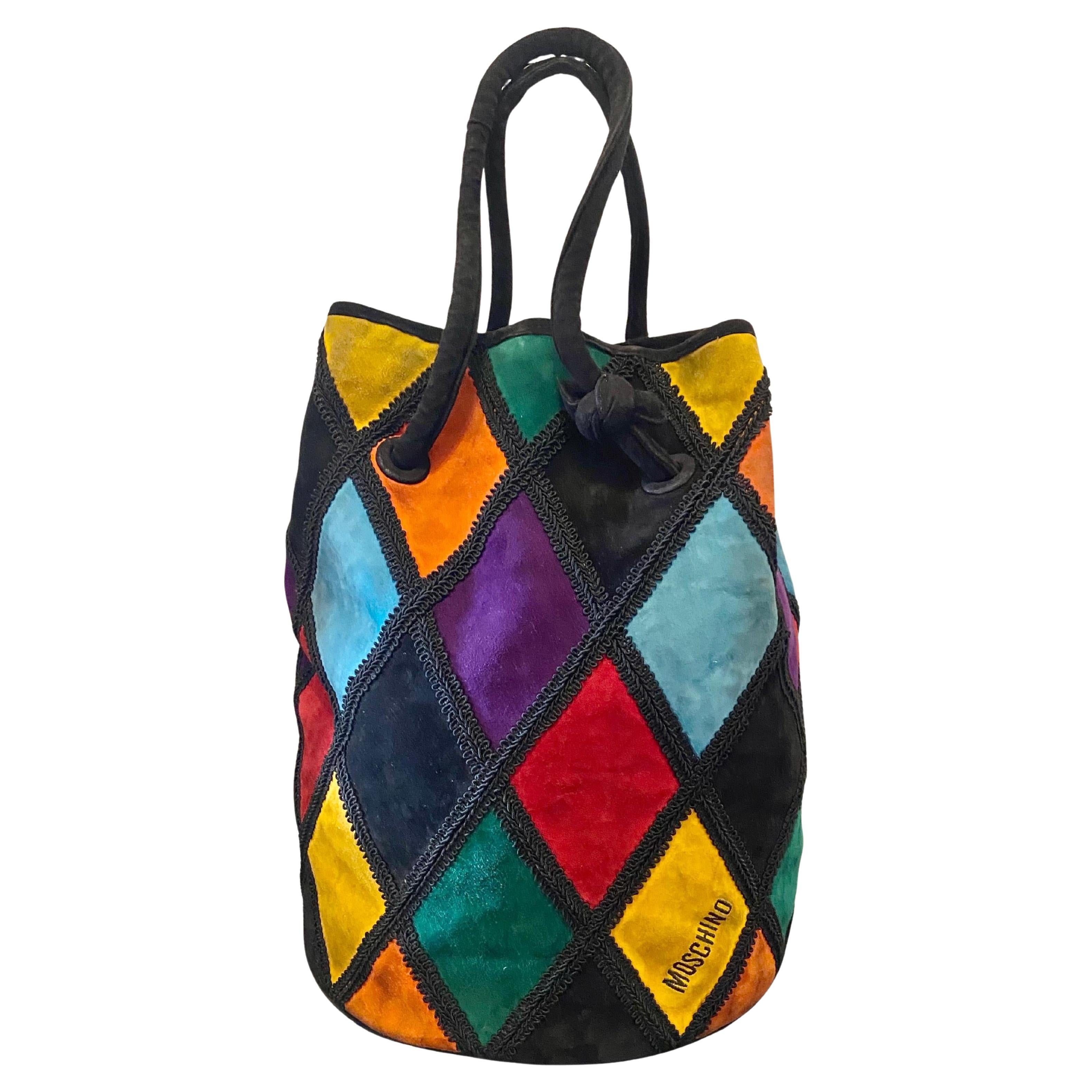 Años 80 Años 80 Moschino By Redwall Harlequin Bucket Bag  Parches de ante multicolor en venta