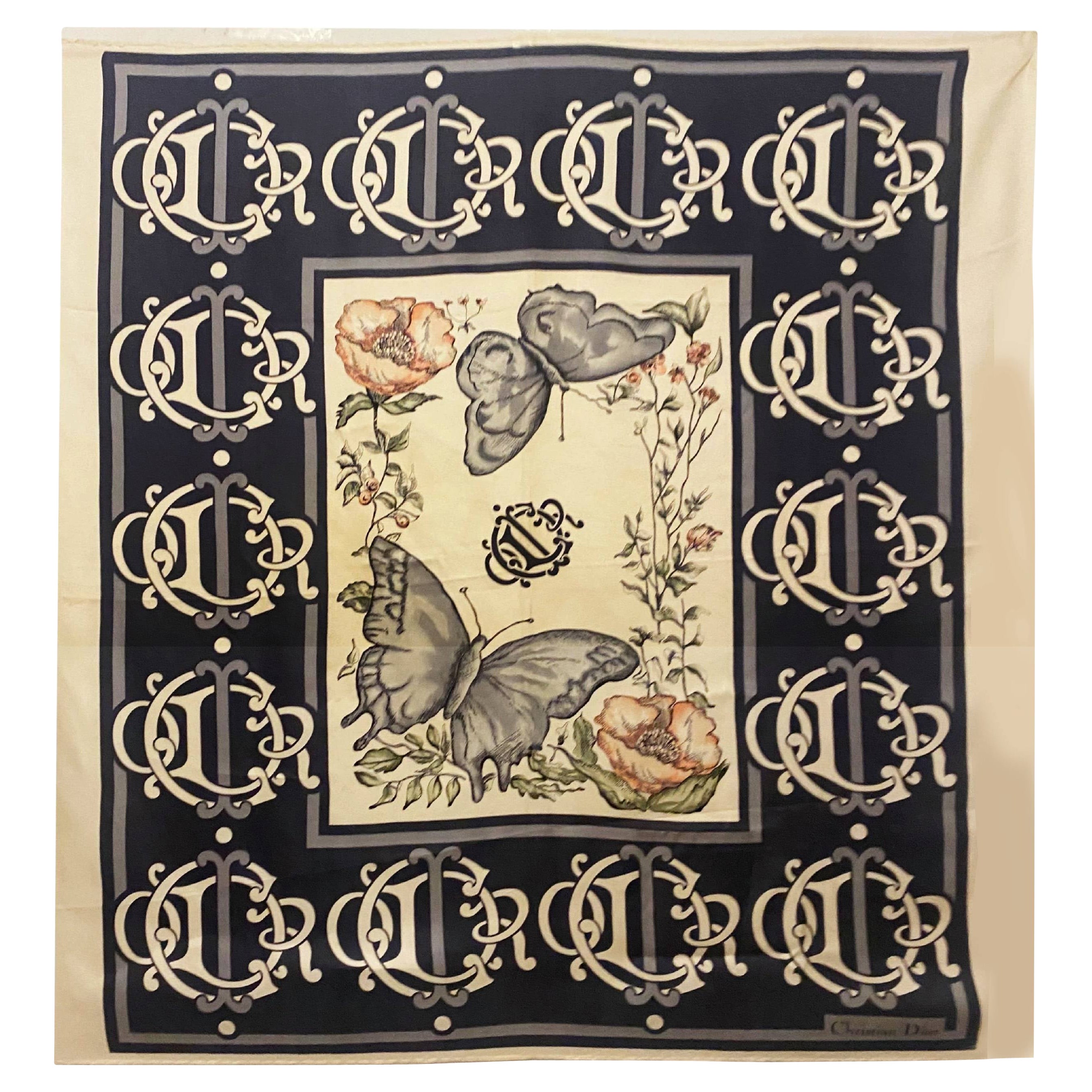 1980s 1990s Christian Dior Butterfly Floral Silk Logo Scarf