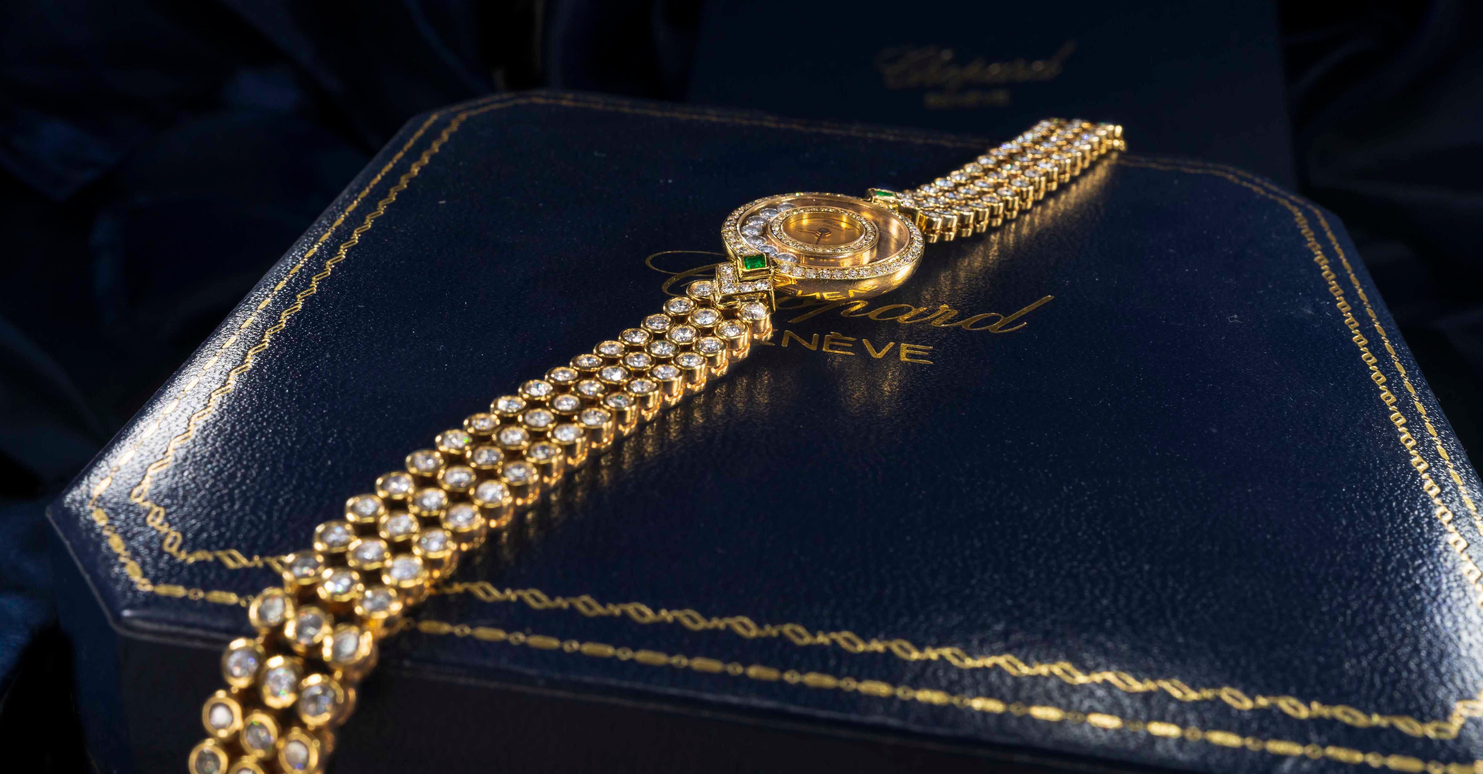 1980s-1990s Chopard Happy Diamond Emerald Approx 14 Carat Bracelet Watch 3