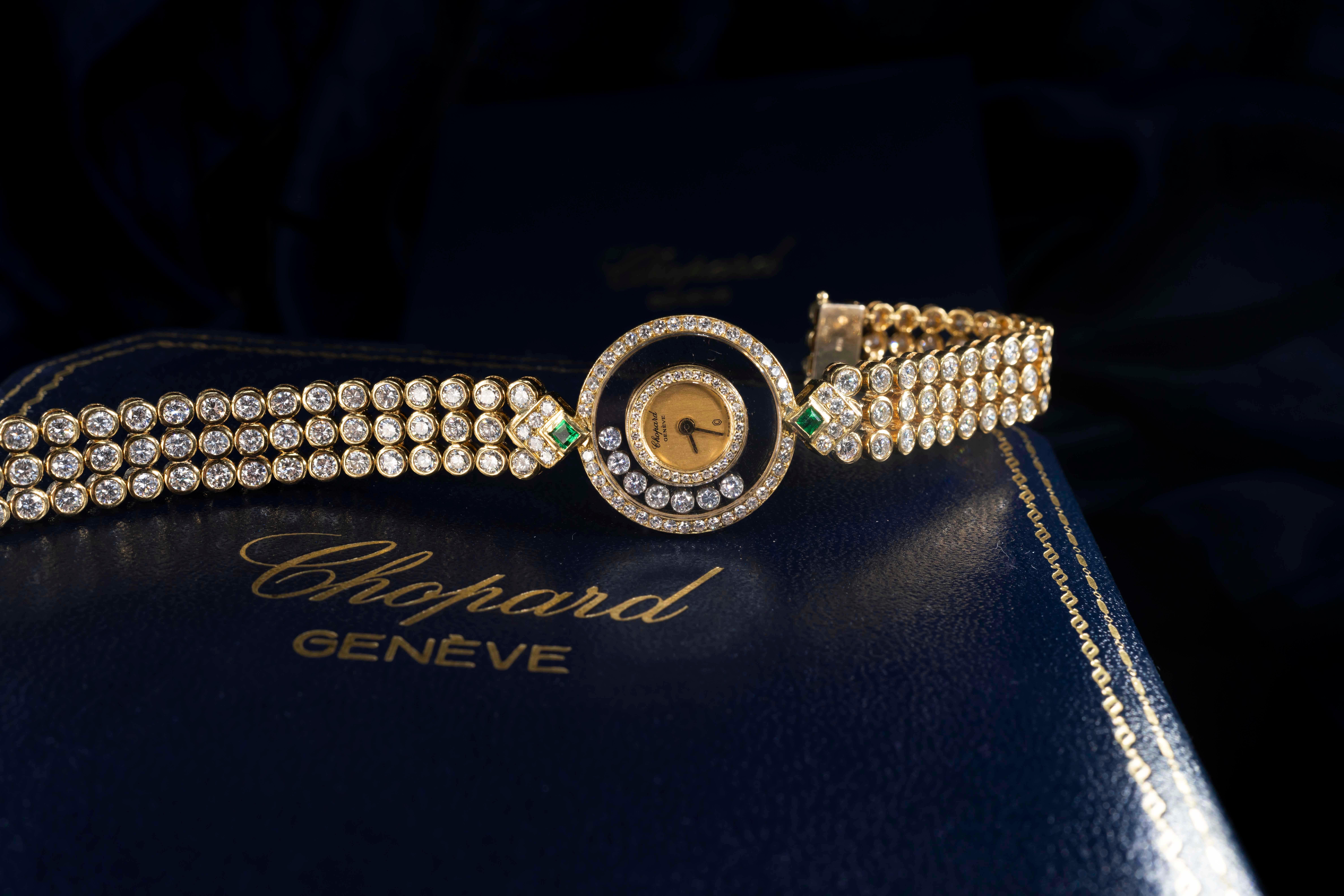 1980s-1990s Chopard Happy Diamond Emerald Approx 14 Carat Bracelet Watch 5