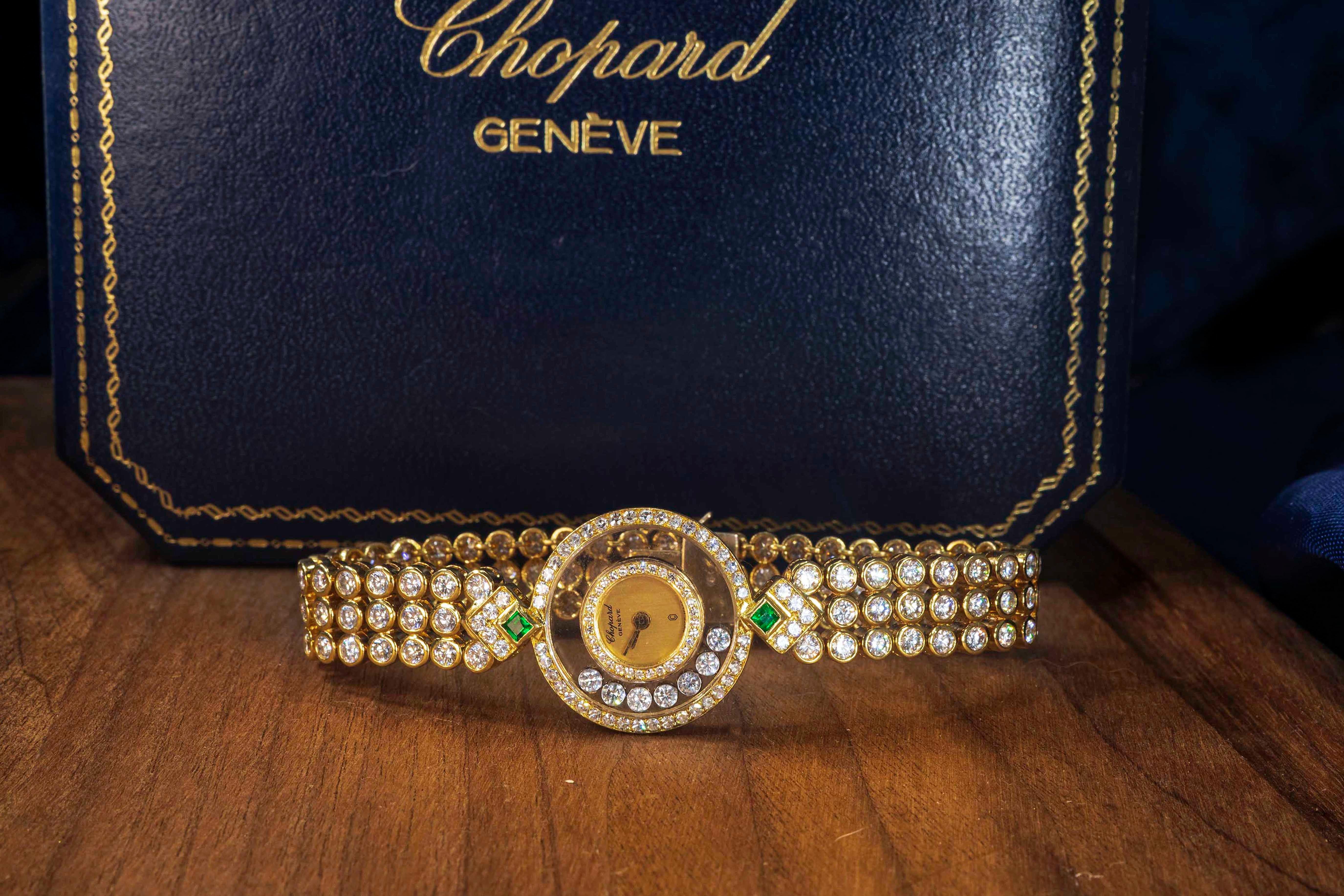 1980s-1990s Chopard Happy Diamond Emerald Approx 14 Carat Bracelet Watch 10