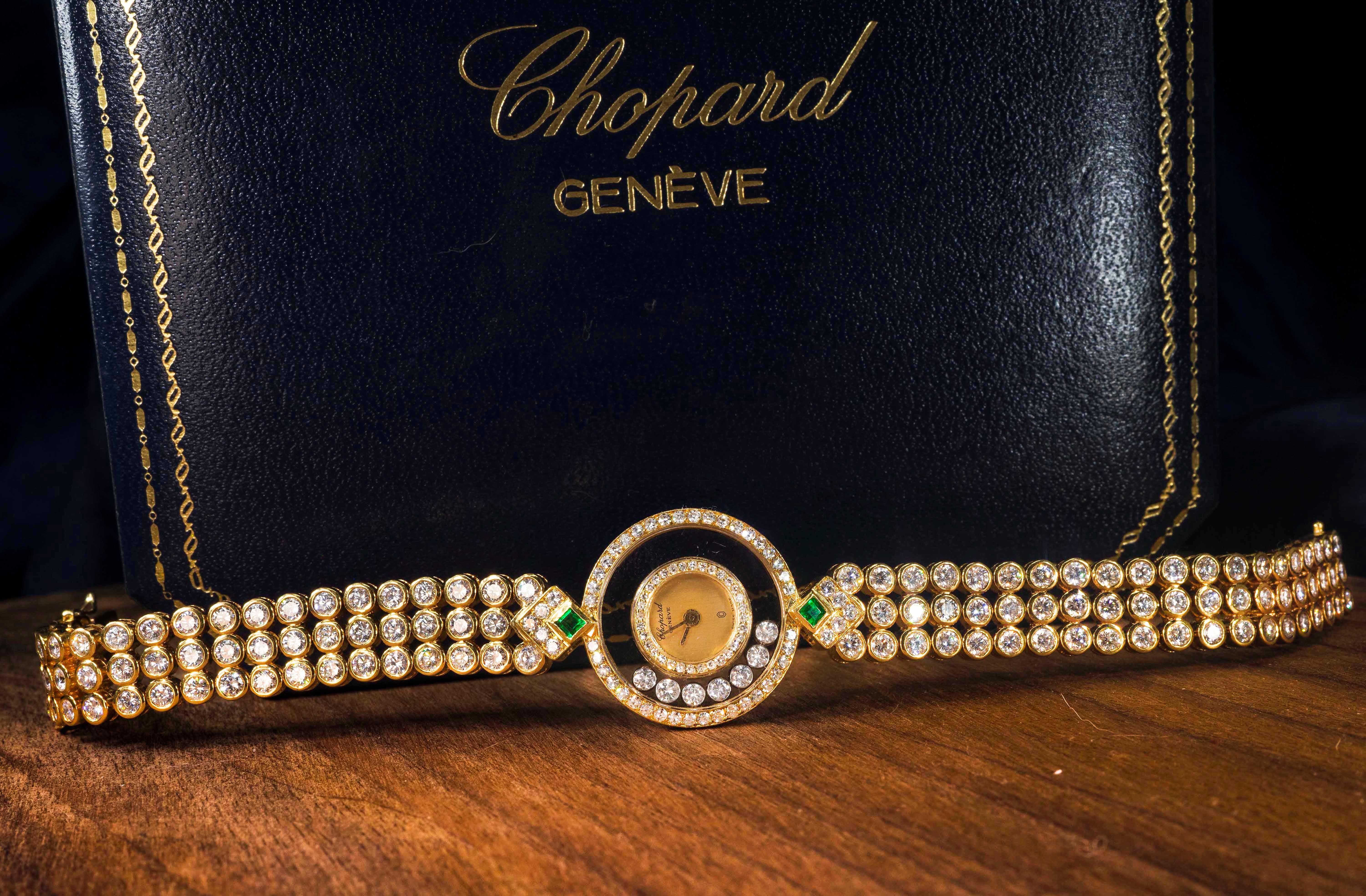 1980s-1990s Chopard Happy Diamond Emerald Approx 14 Carat Bracelet Watch 11