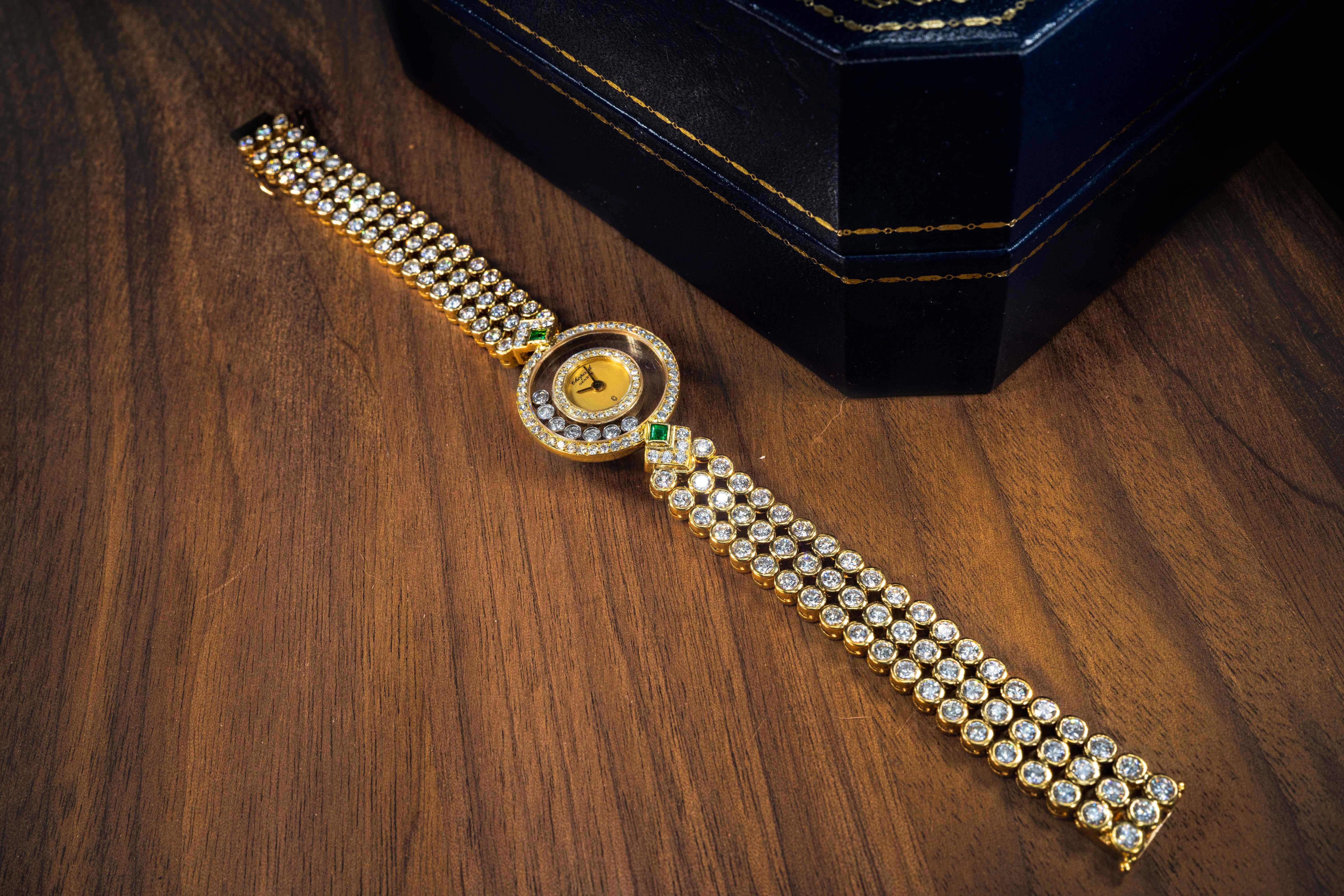 1980s-1990s Chopard Happy Diamond Emerald Approx 14 Carat Bracelet Watch 12