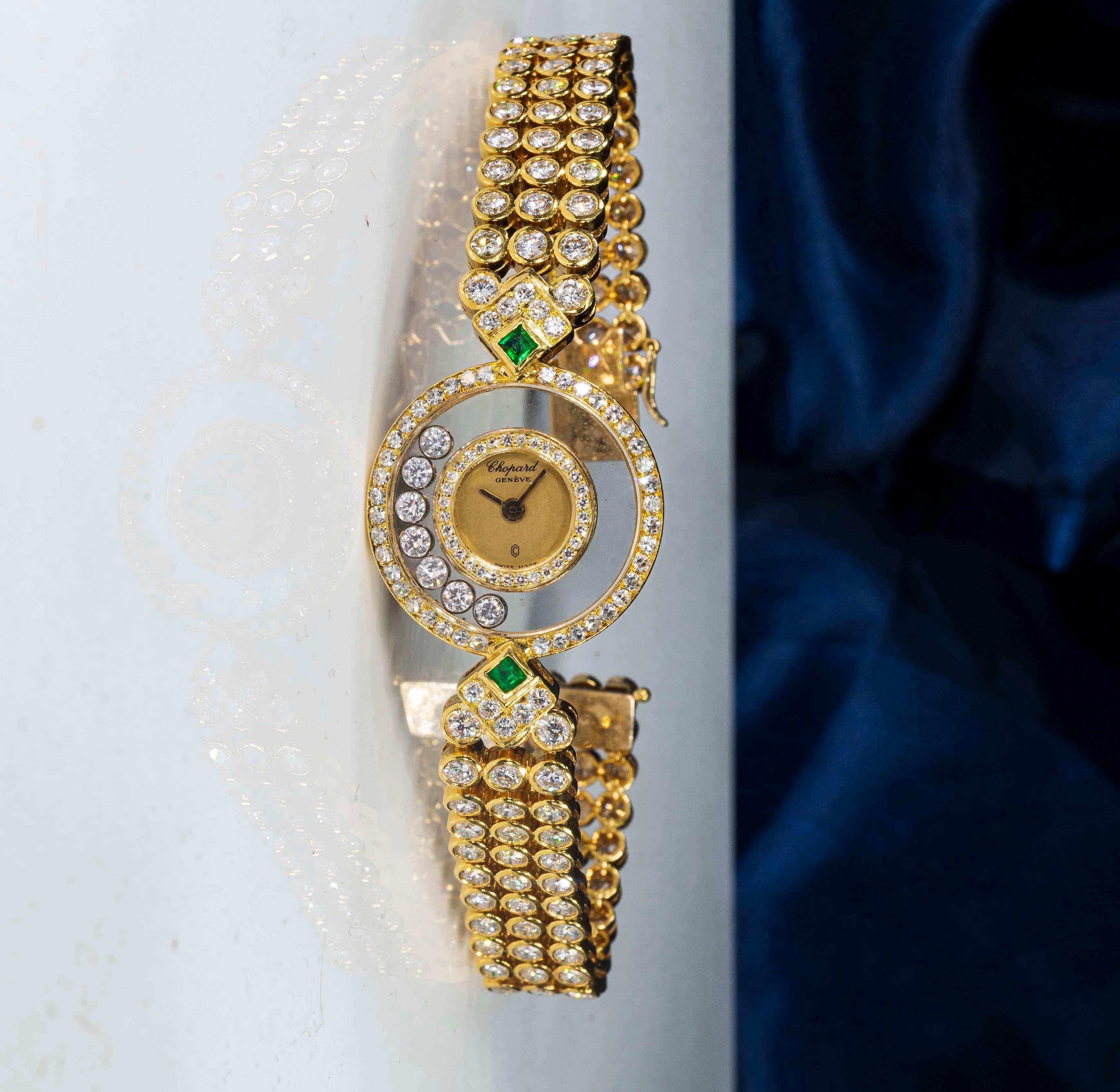 1980s-1990s Chopard Happy Diamond Emerald Approx 14 Carat Bracelet Watch 13