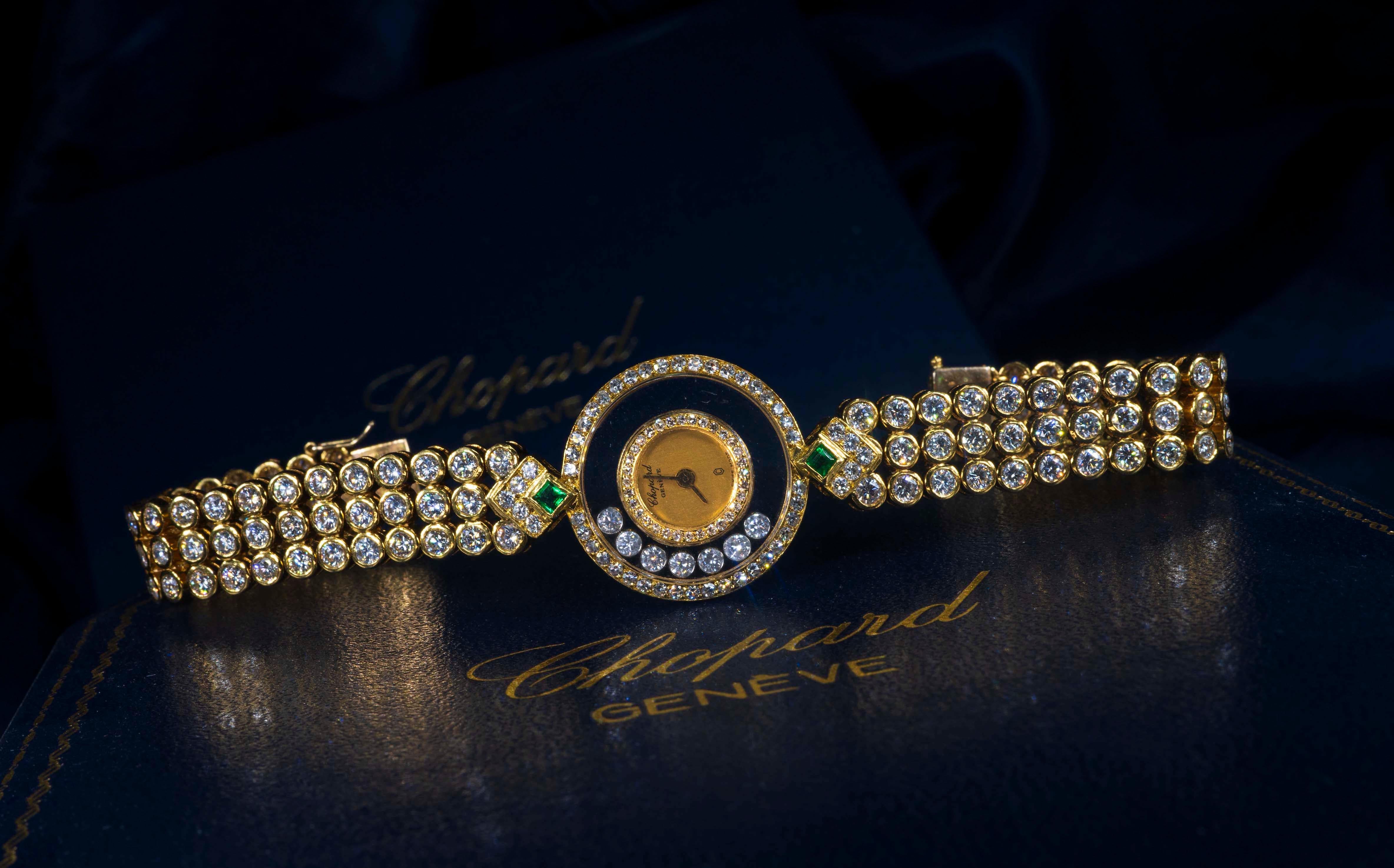 1980s-1990s Chopard Happy Diamond Emerald Approx 14 Carat Bracelet Watch 1