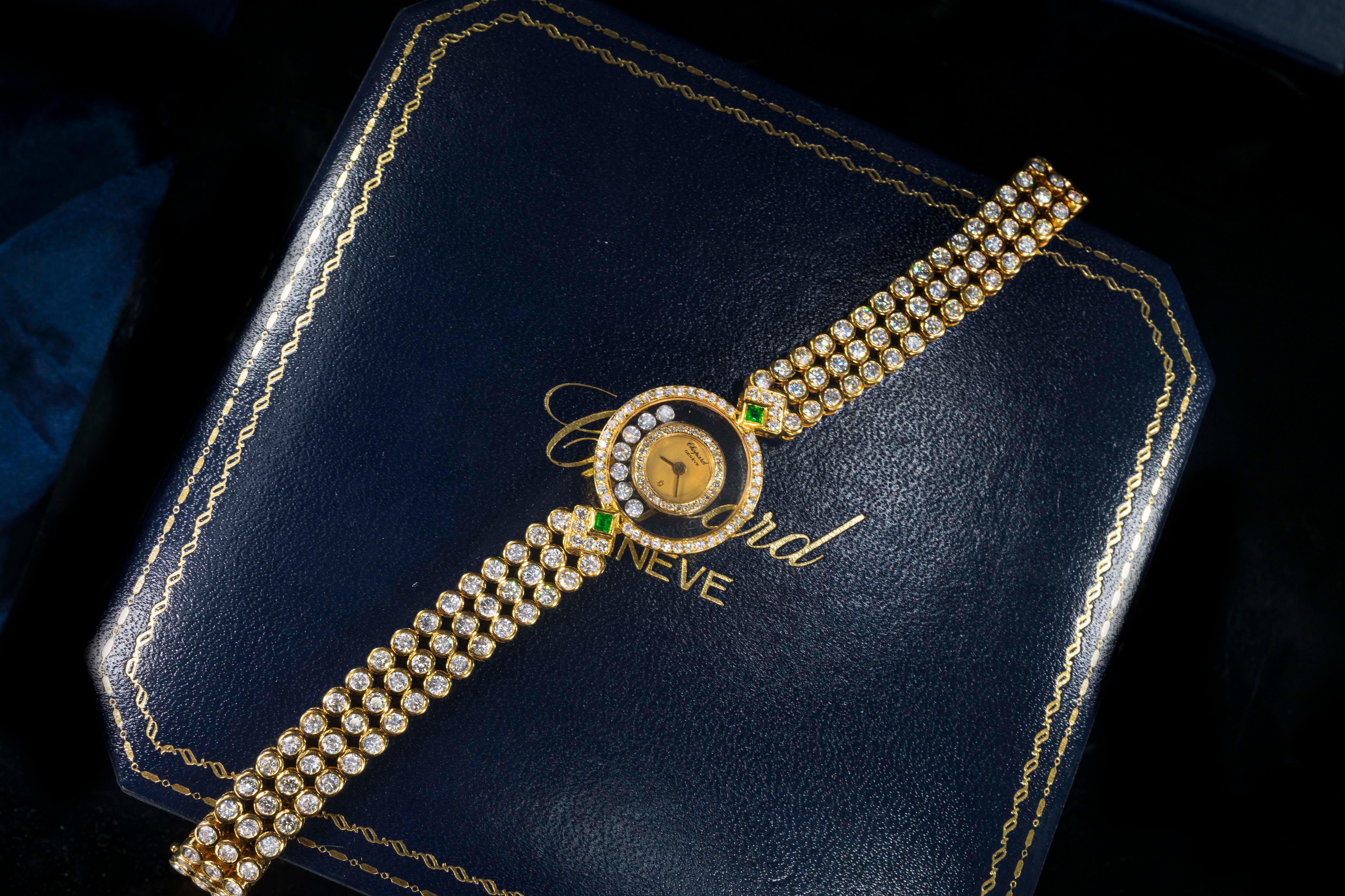 1980s-1990s Chopard Happy Diamond Emerald Approx 14 Carat Bracelet Watch 2