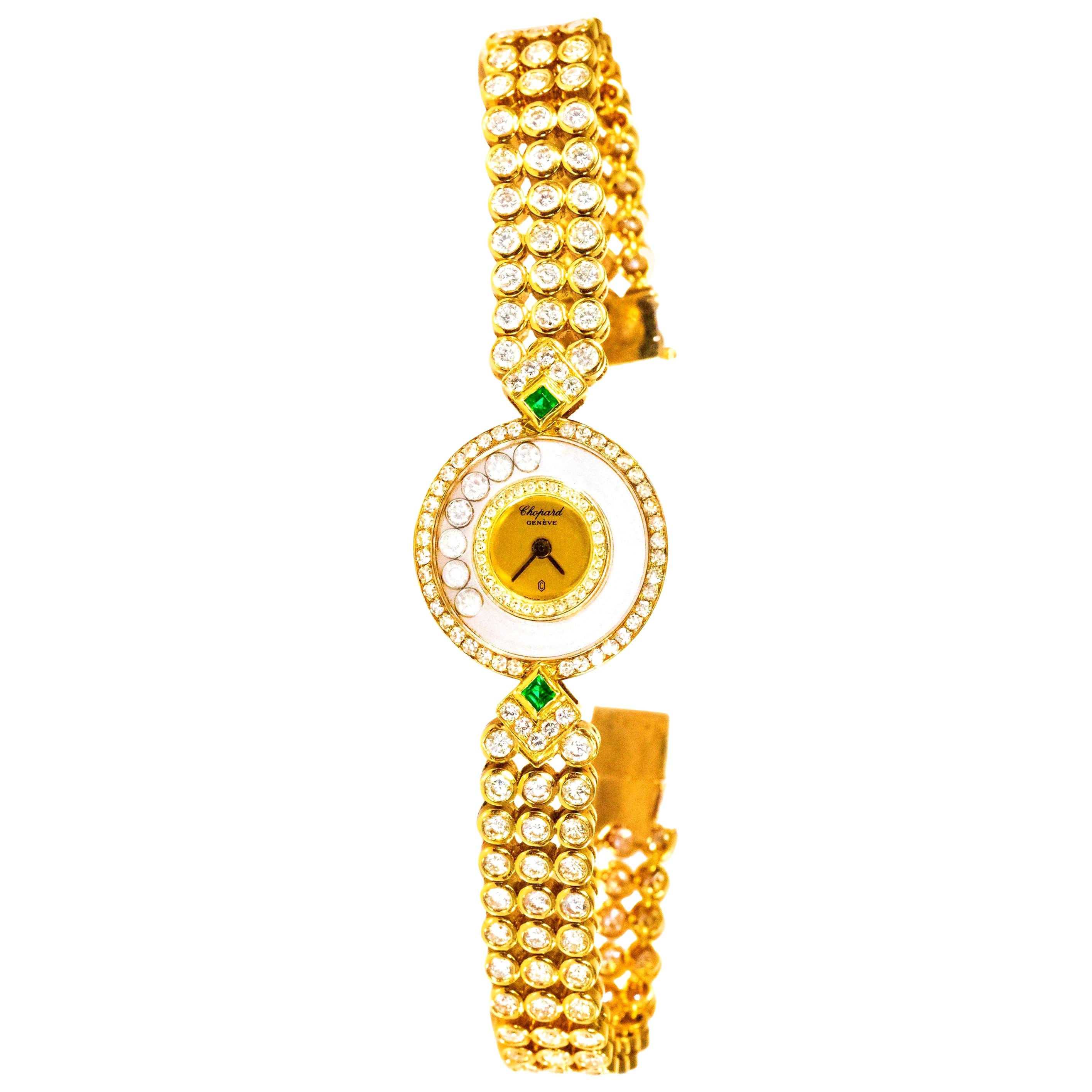 1980s-1990s Chopard Happy Diamond Emerald Approx 14 Carat Bracelet Watch
