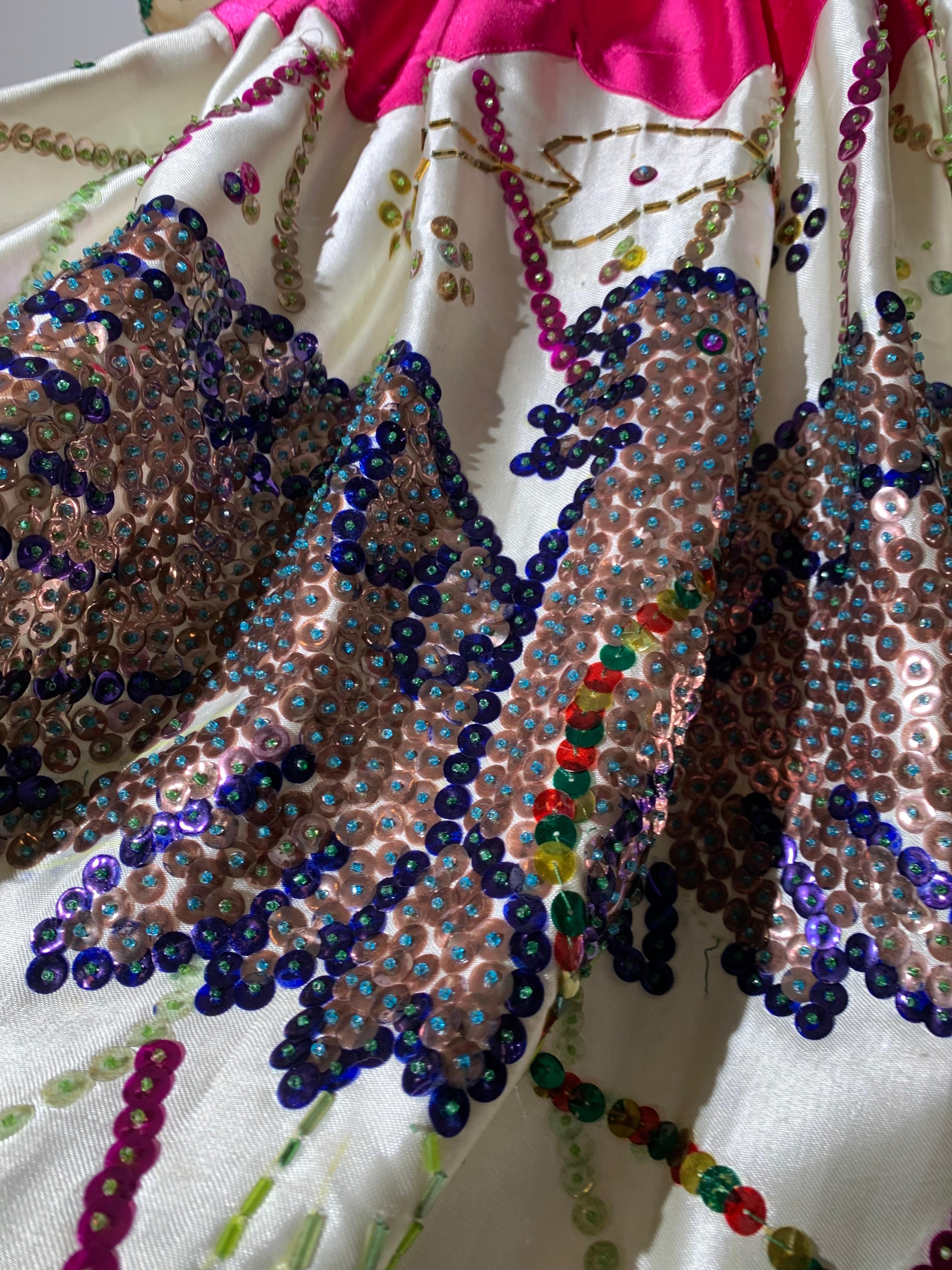 1980s 2-Piece White Sateen Beaded & Sequined Mexican-Inspired Festival Set For Sale 7