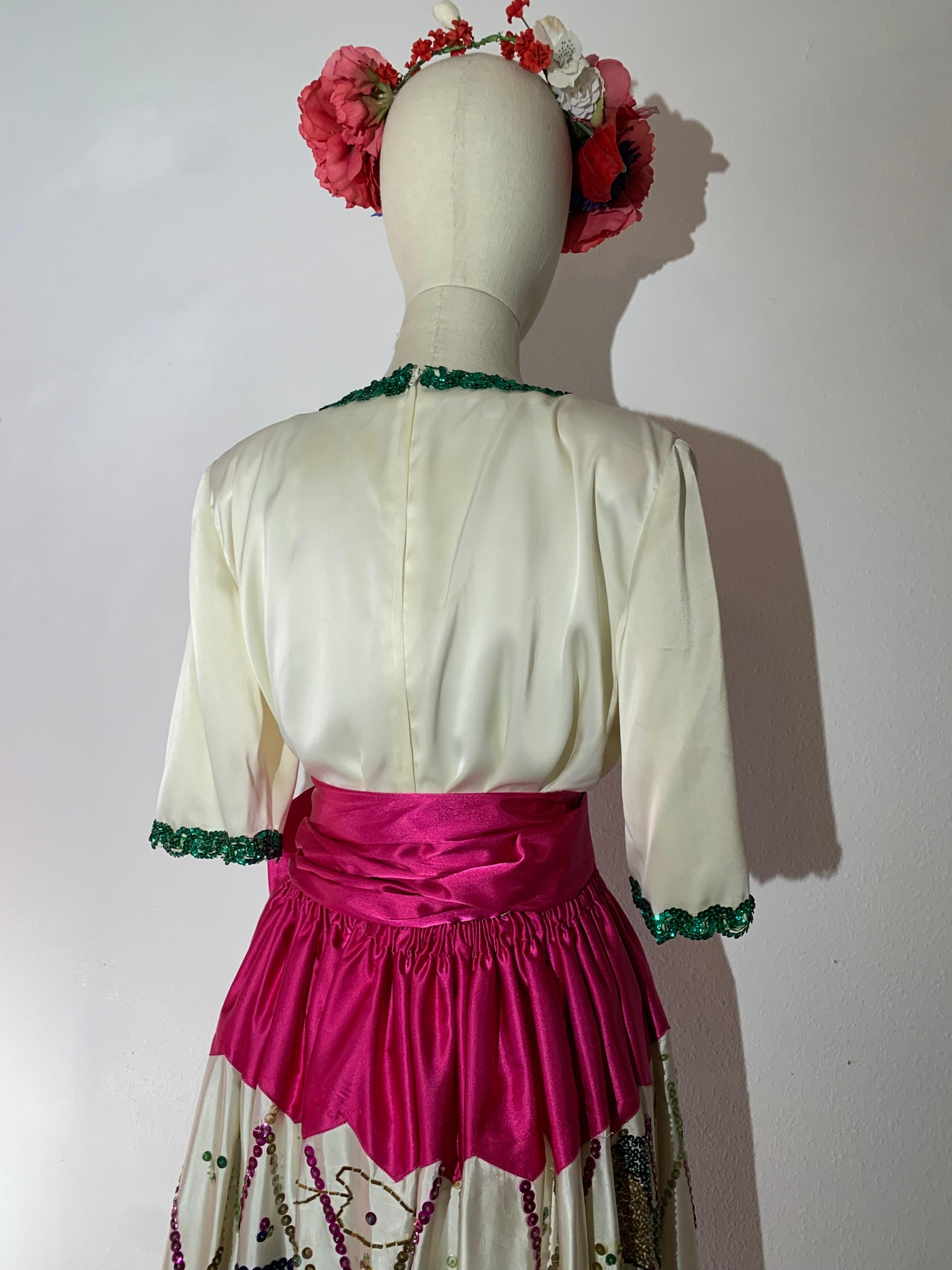 1980s 2-Piece White Sateen Beaded & Sequined Mexican-Inspired Festival Set For Sale 8