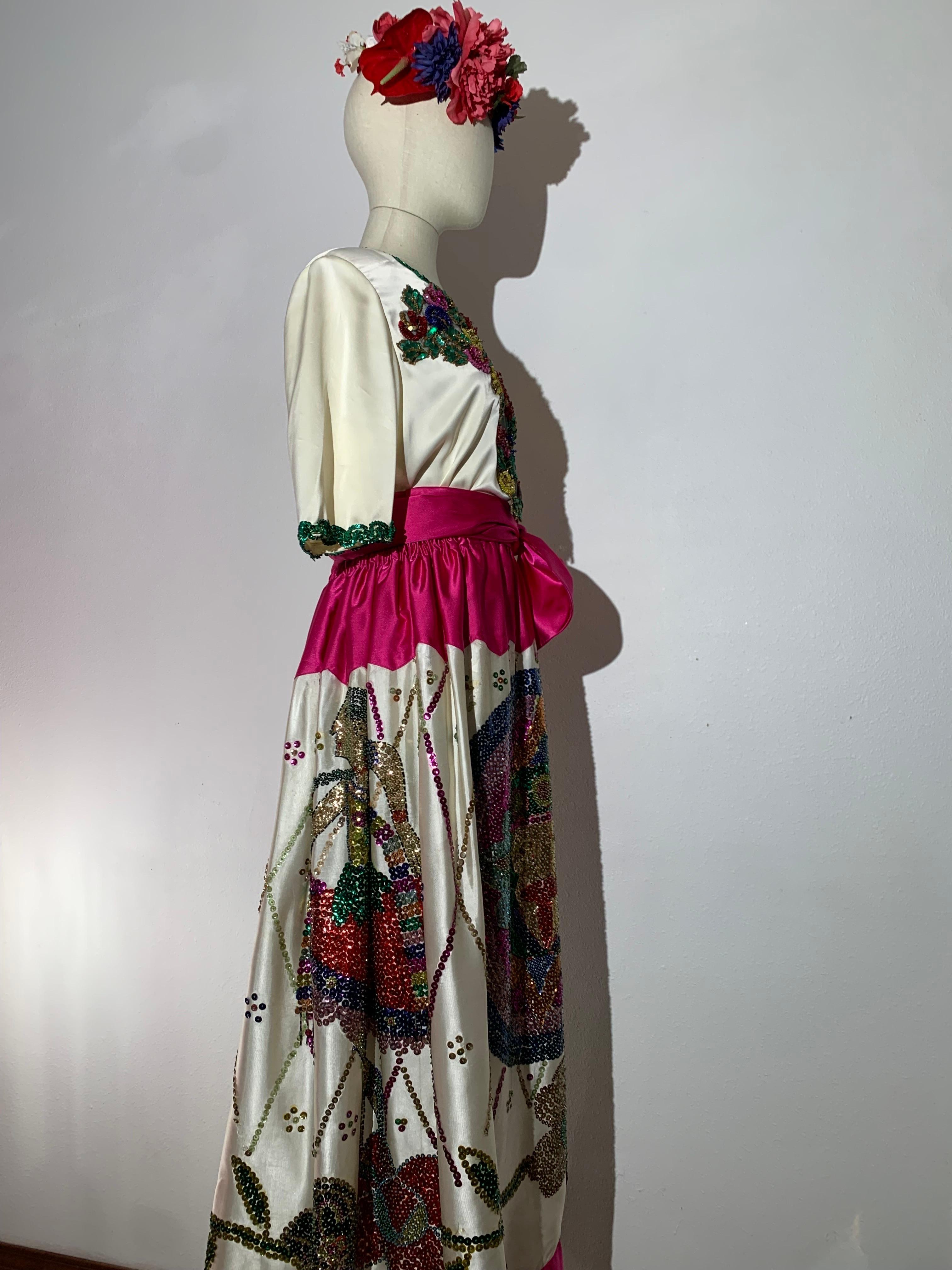 1980s 2-Piece White Sateen Beaded & Sequined Mexican-Inspired Festival Set For Sale 9