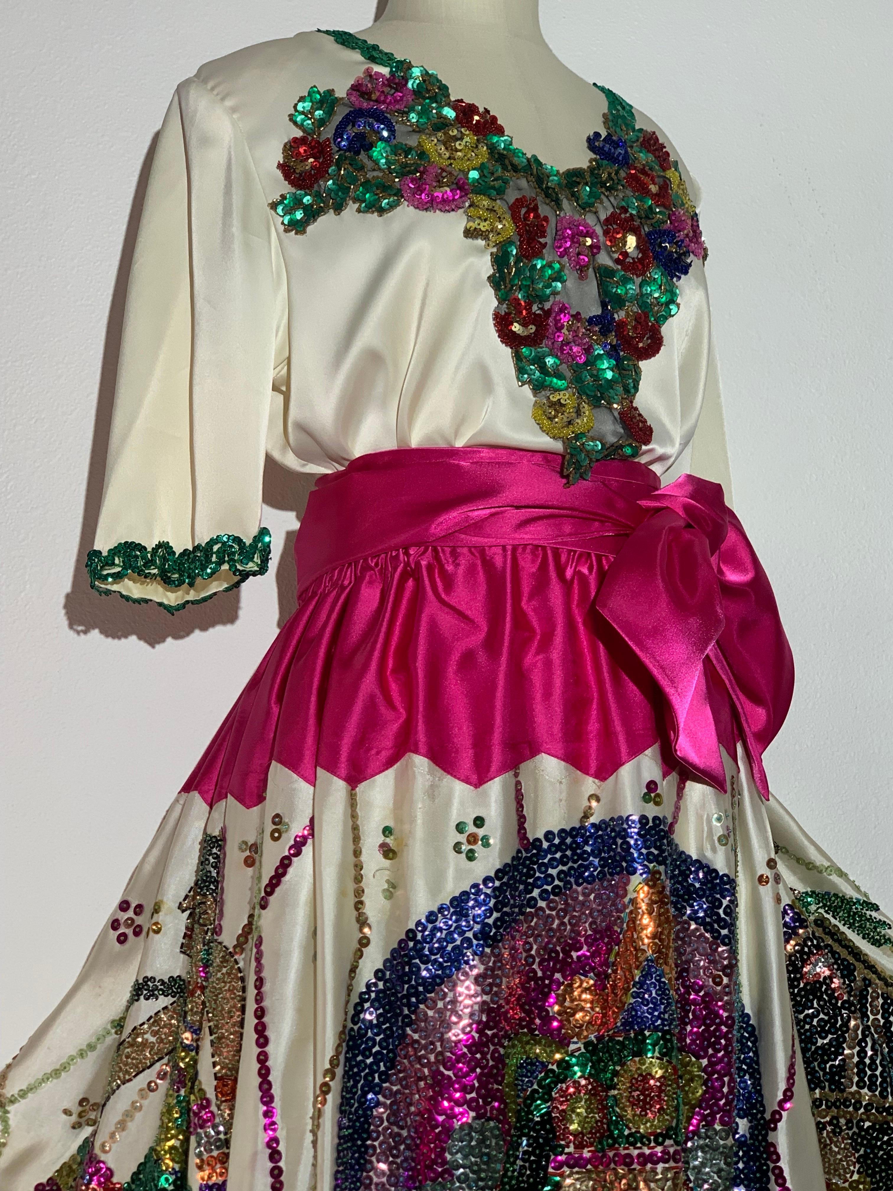 Brown 1980s 2-Piece White Sateen Beaded & Sequined Mexican-Inspired Festival Set For Sale