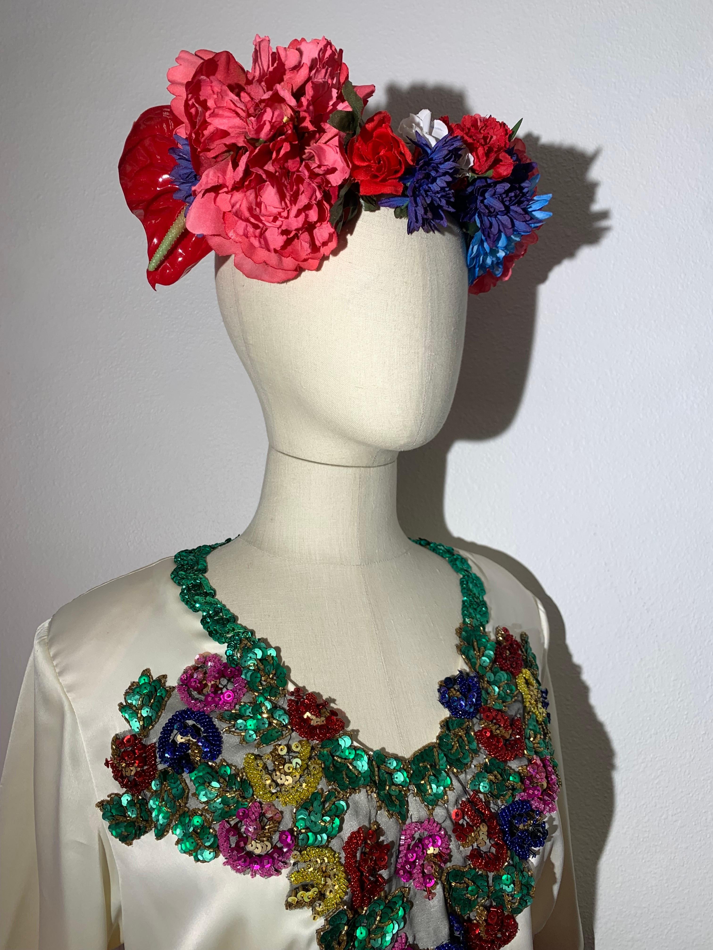 1980s 2-Piece White Sateen Beaded & Sequined Mexican-Inspired Festival Set In Good Condition For Sale In Gresham, OR