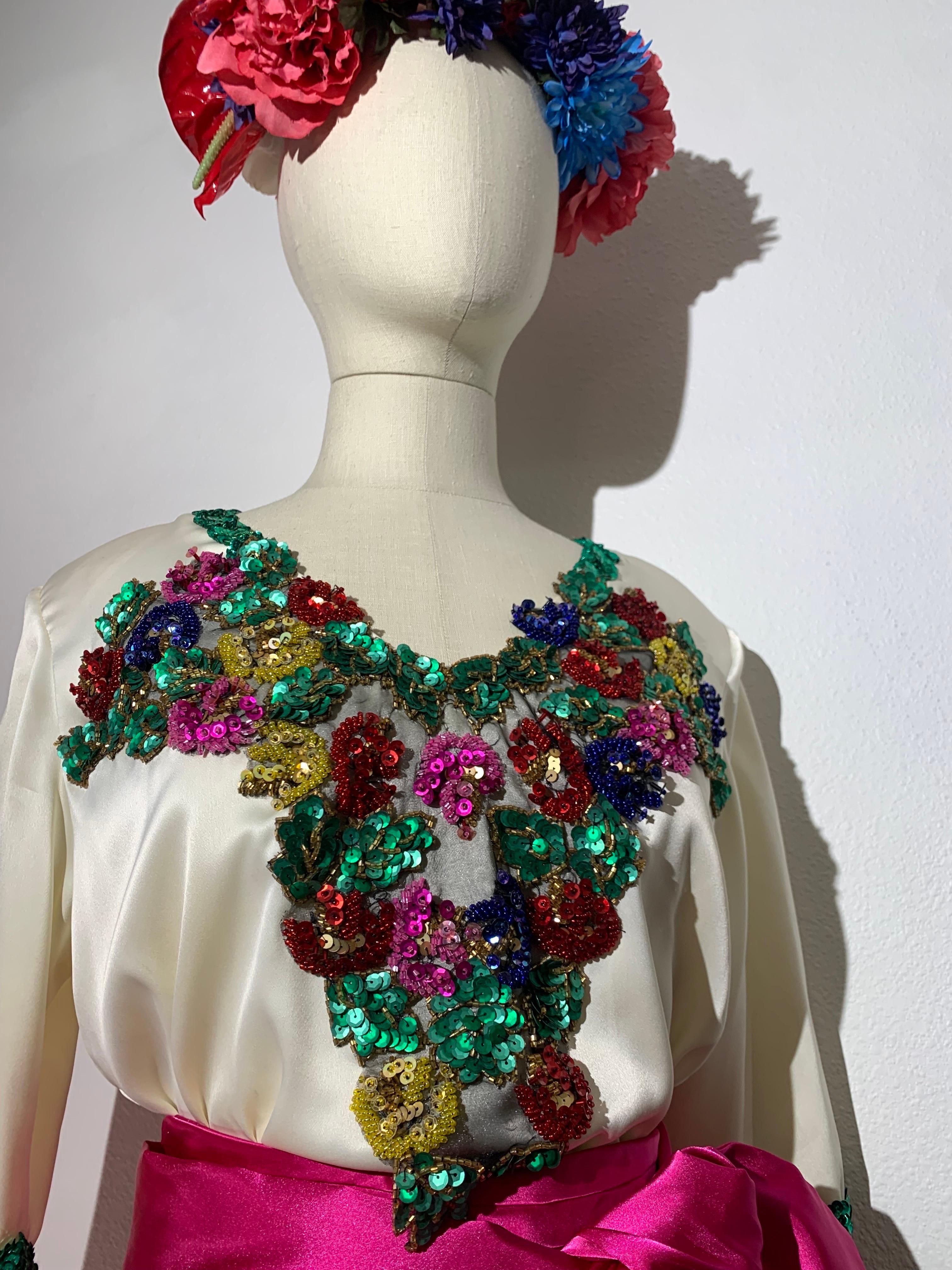 Women's 1980s 2-Piece White Sateen Beaded & Sequined Mexican-Inspired Festival Set For Sale