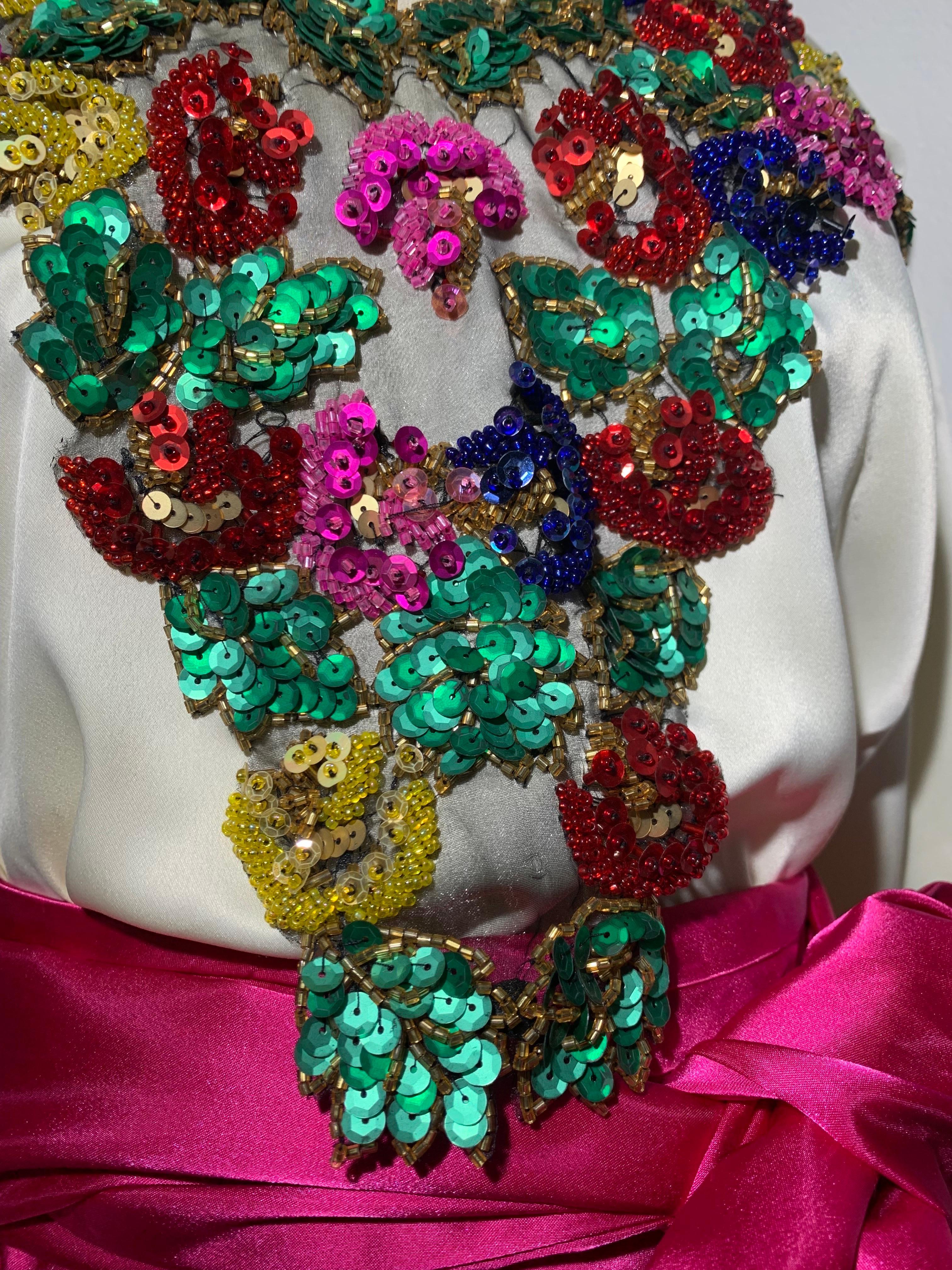 1980s 2-Piece White Sateen Beaded & Sequined Mexican-Inspired Festival Set For Sale 1