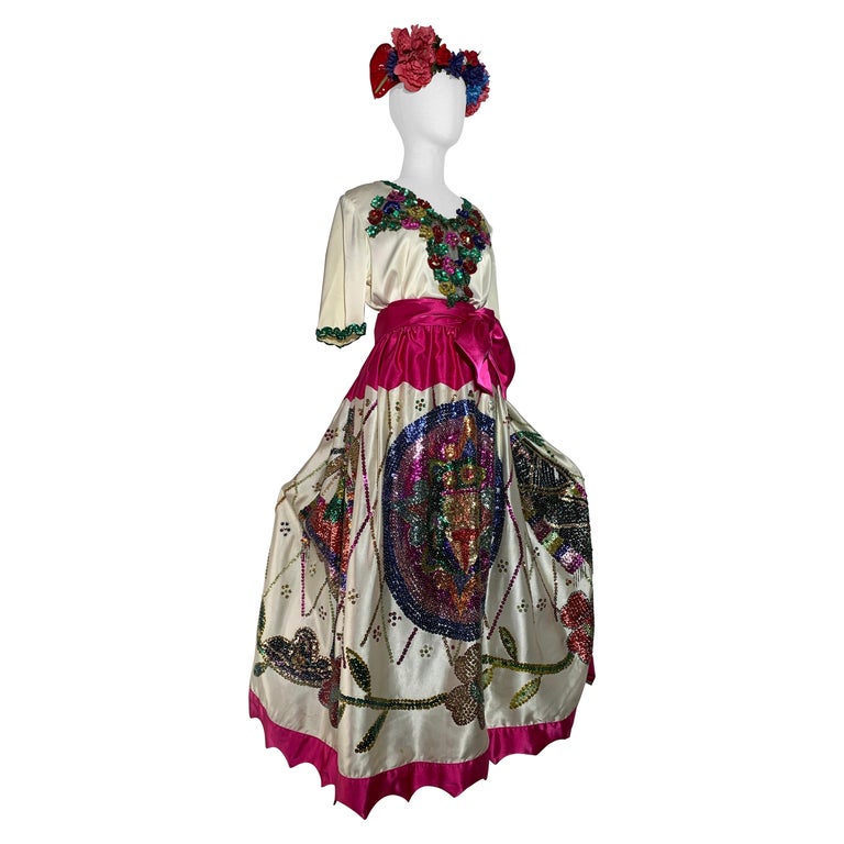 1980s 2-piece White Sateen Beaded & Sequined Mexican-inspired Festival Set 1980s 2-piece White Sateen Beaded & Sequined Mexican-inspired Festival Set