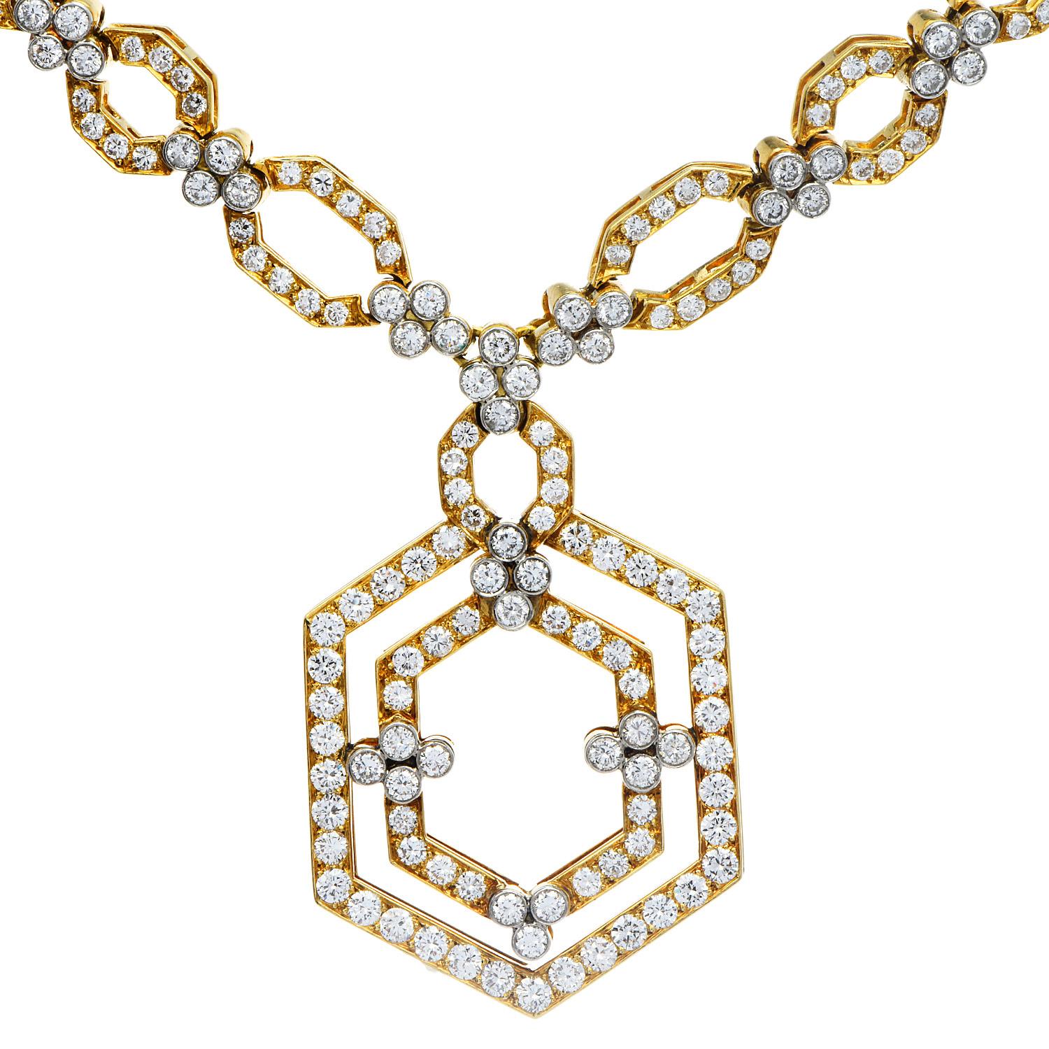 Moderne Chaîne collier à maillons hexagonaux en or jaune 18 carats avec diamants 20,70 carats, années 1980 en vente