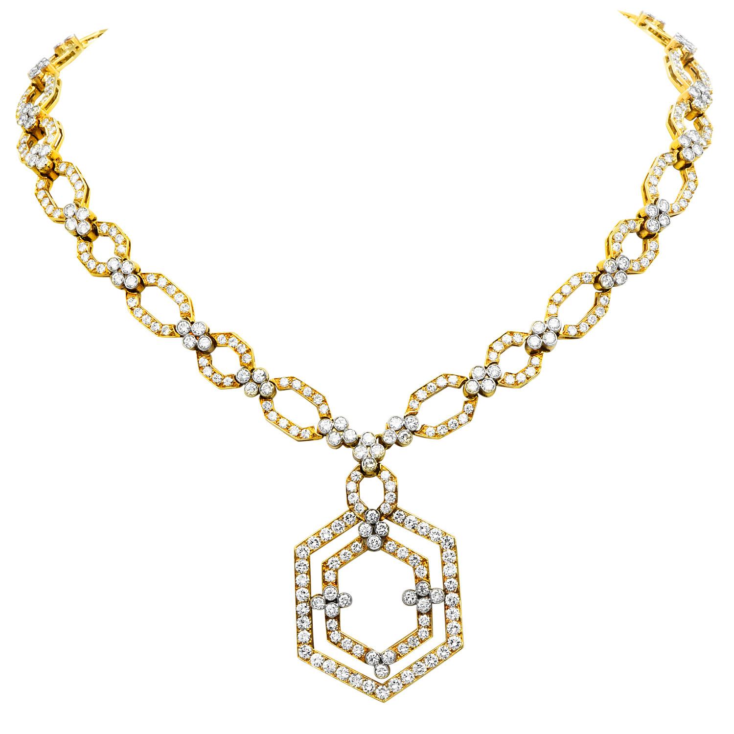 Taille ronde Chaîne collier à maillons hexagonaux en or jaune 18 carats avec diamants 20,70 carats, années 1980 en vente