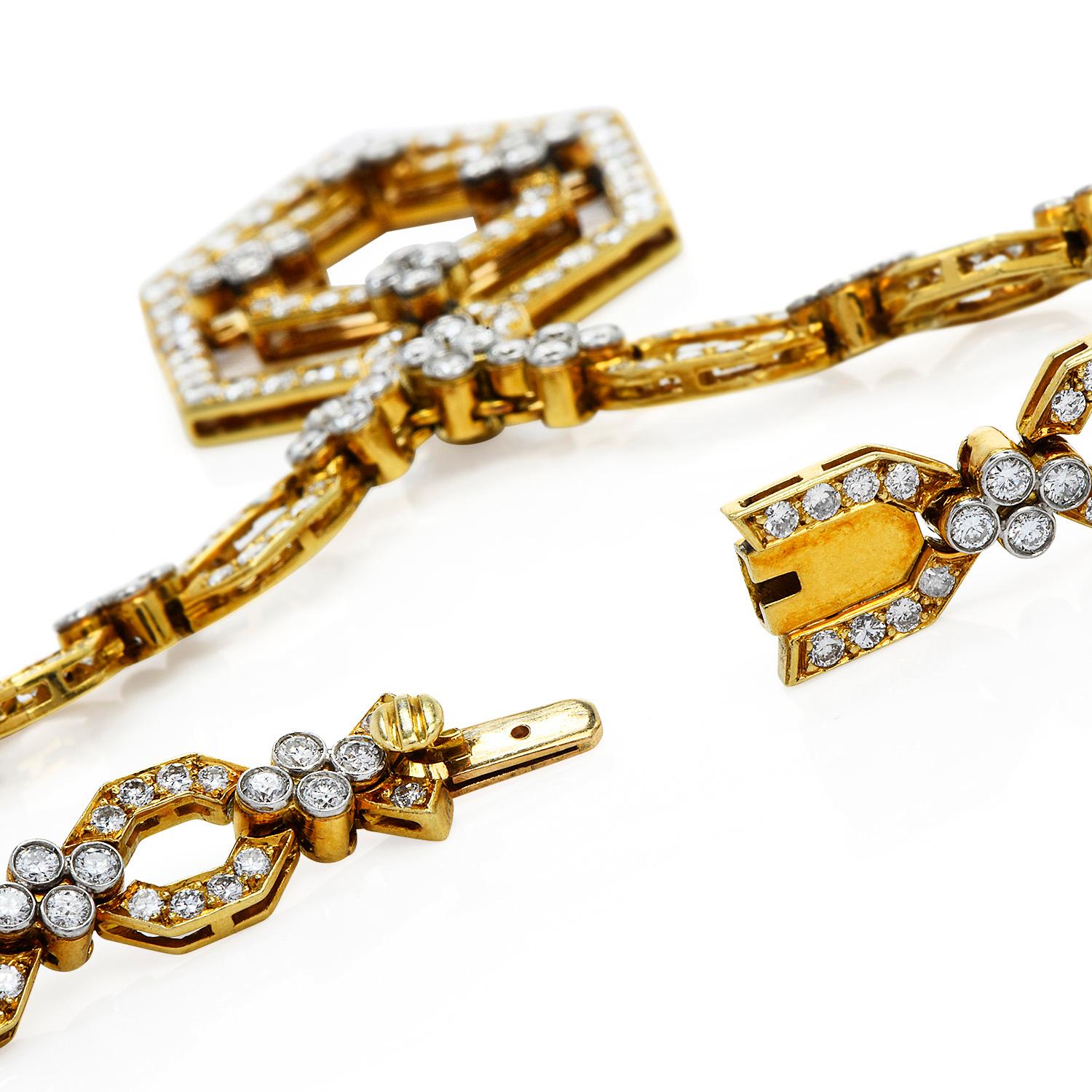 Chaîne collier à maillons hexagonaux en or jaune 18 carats avec diamants 20,70 carats, années 1980 Excellent état - En vente à Miami, FL