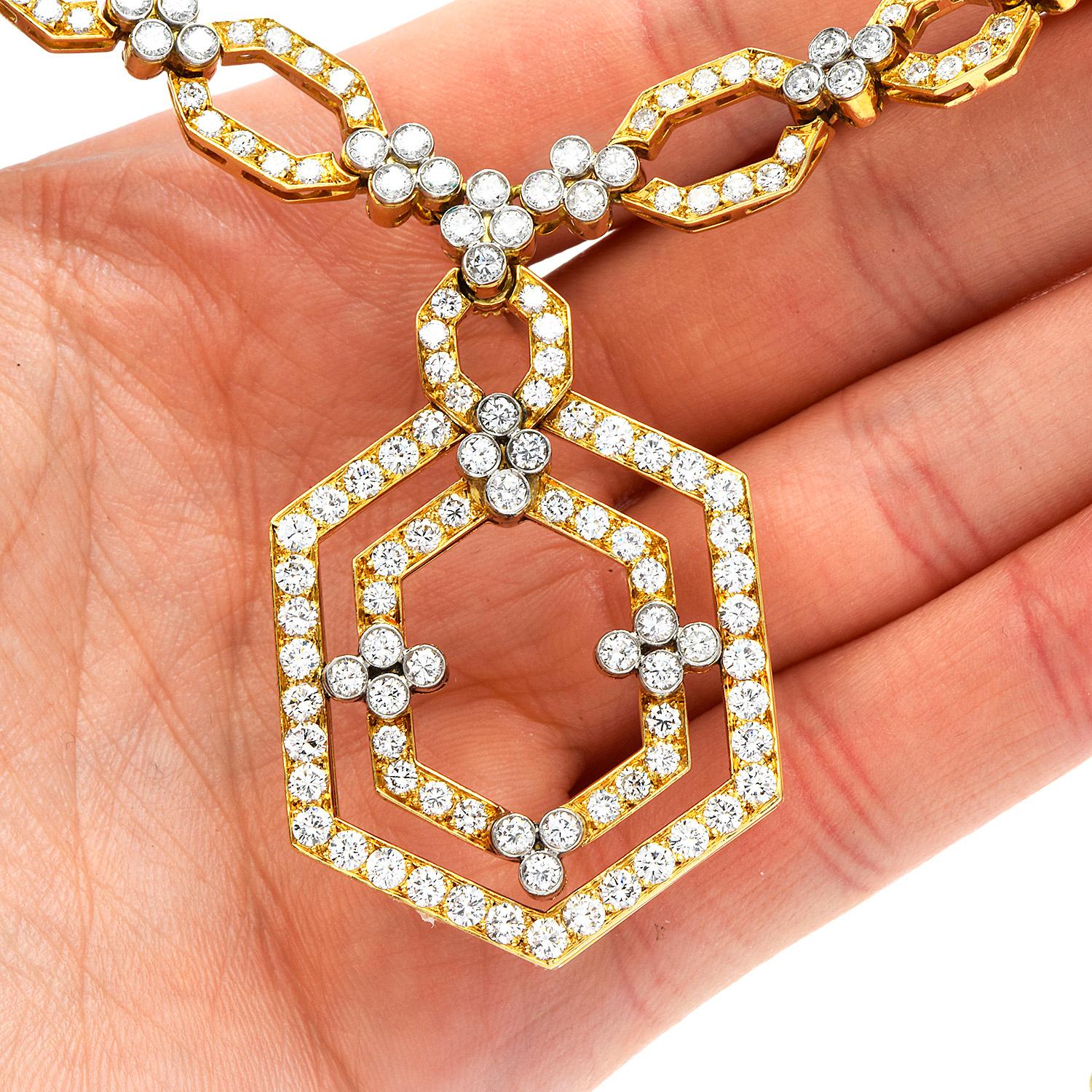 Chaîne collier à maillons hexagonaux en or jaune 18 carats avec diamants 20,70 carats, années 1980 Pour femmes en vente