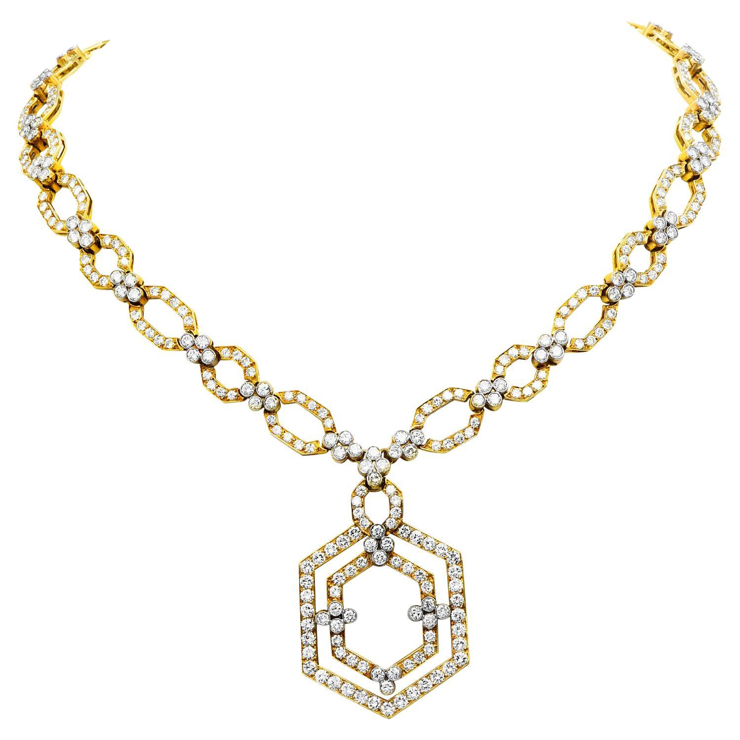Chaîne collier à maillons hexagonaux en or jaune 18 carats avec diamants 20,70 carats, années 1980 en vente