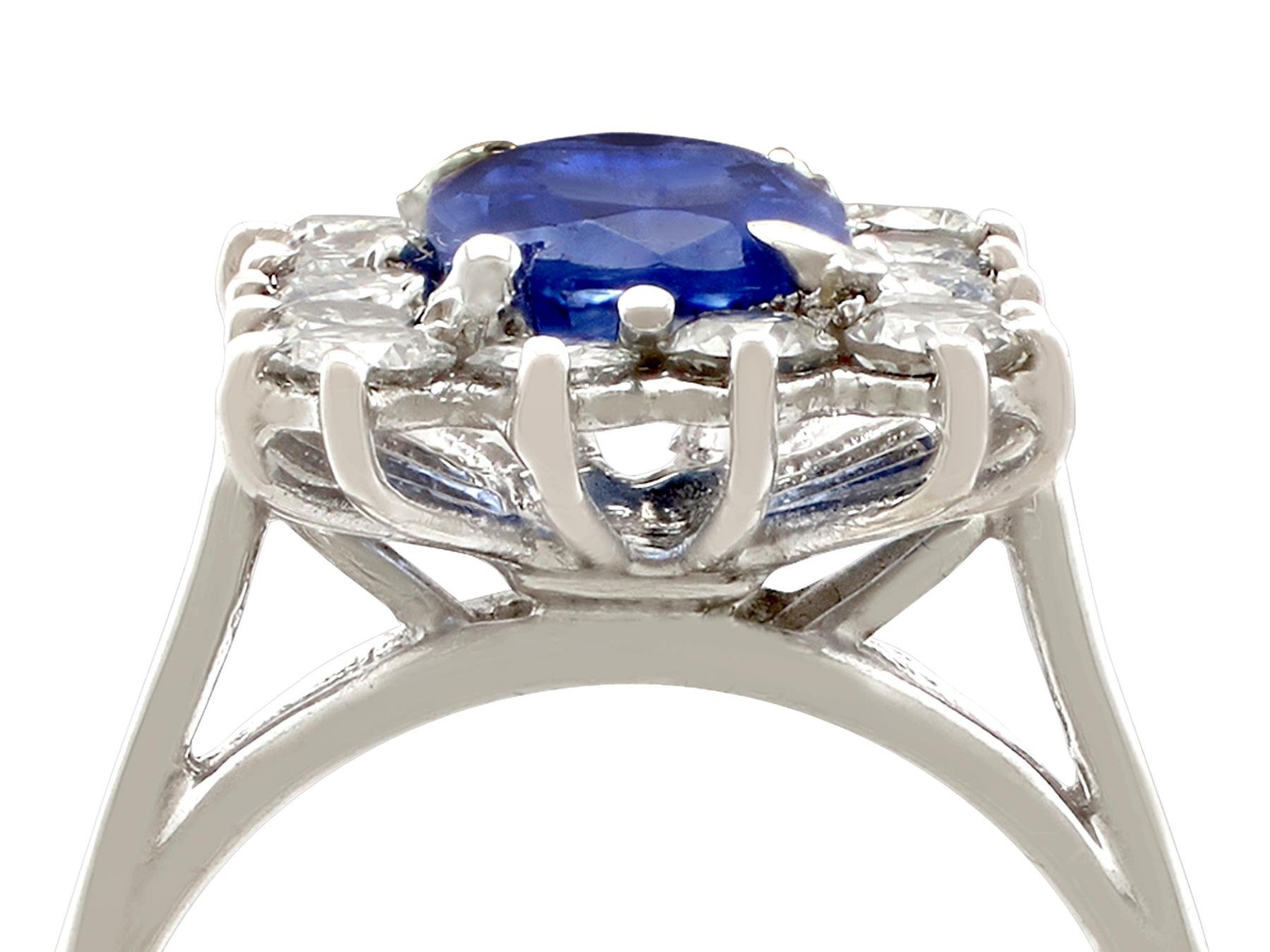 A fine and impressive vintage 2.18 carat natural blue sapphire and 1.43 carat diamond, 18k white gold dress ring; part of our vintage jewelry and estate jewelry collections

This impressive sapphire and diamond cluster ring has been crafted in 18k