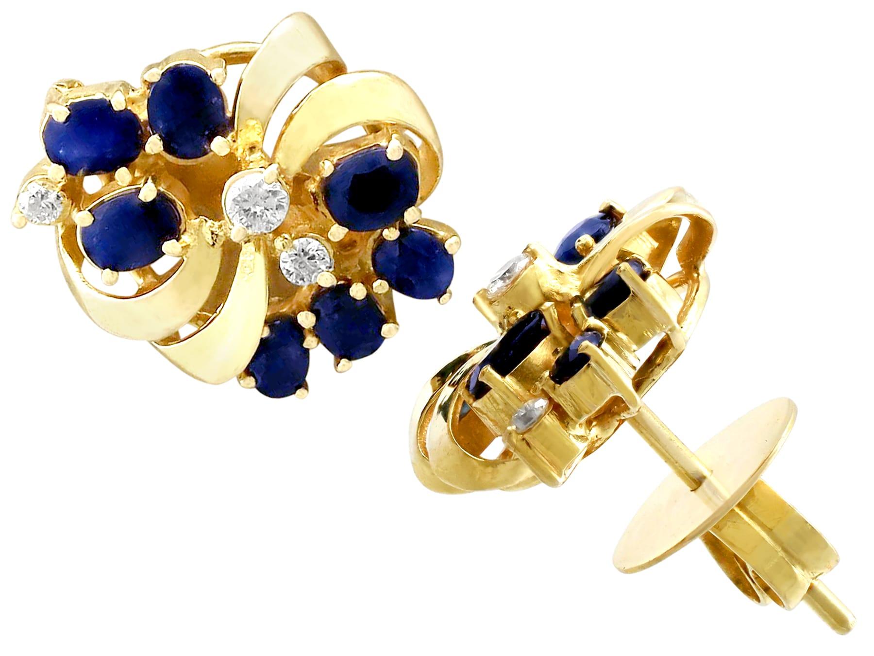 Round Cut 1980s 2.25 Carat Sapphire and Diamond Yellow Gold Stud Earrings For Sale