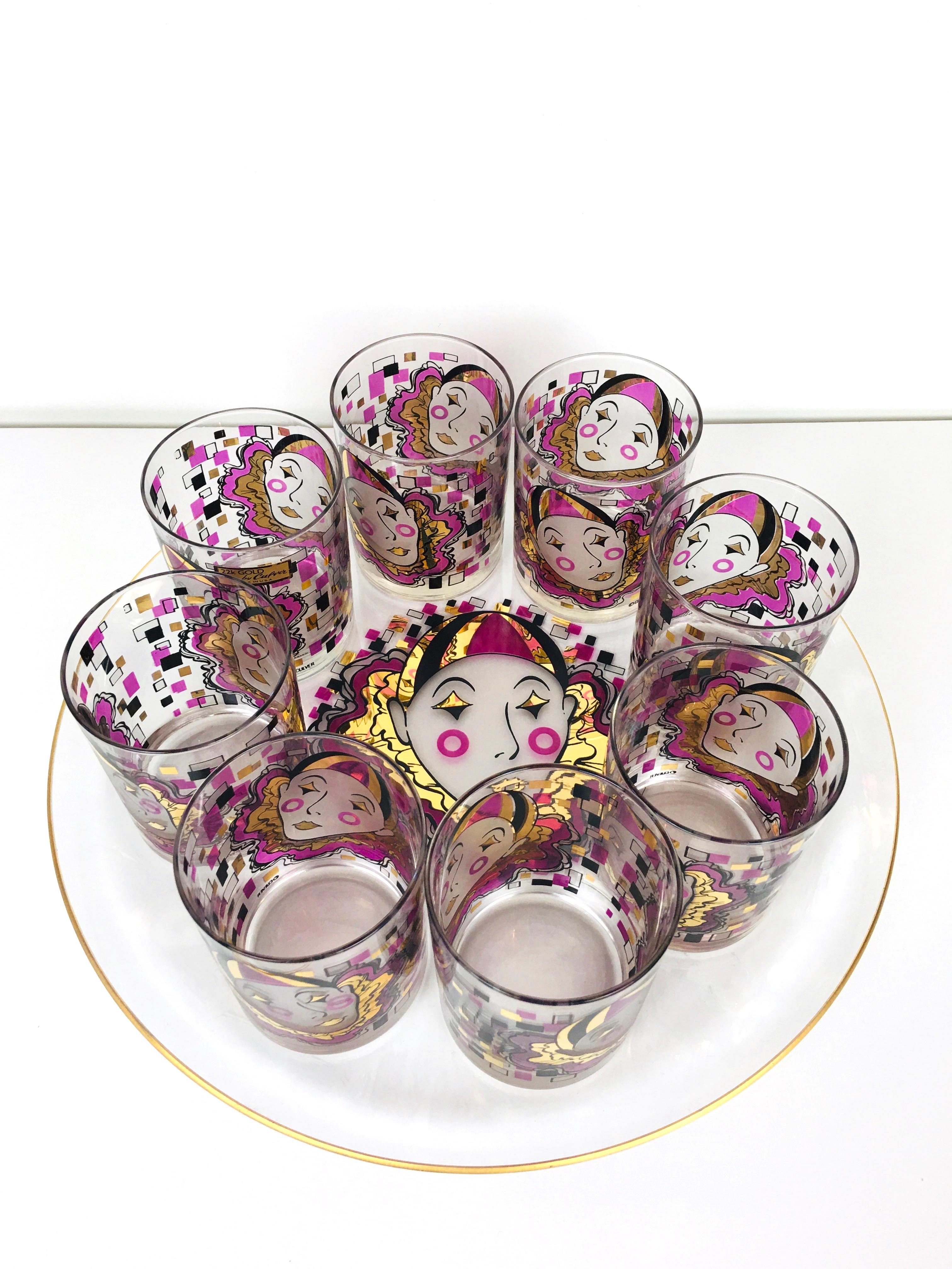 1980s 22K Culver Clown 8 Vintage Barware Cocktail Glasses and Serving Tray Set For Sale 3