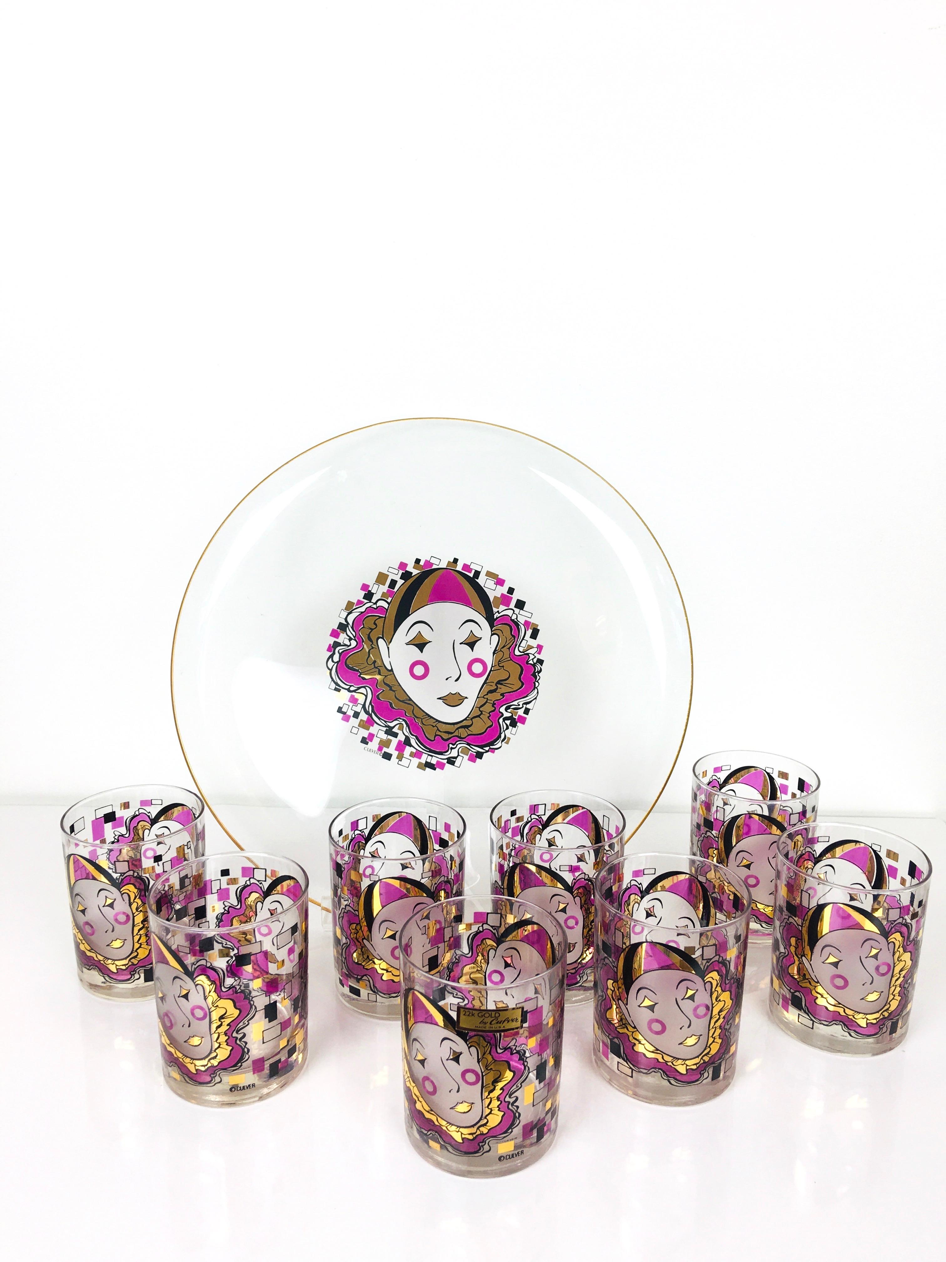 American 1980s 22K Culver Clown 8 Vintage Barware Cocktail Glasses and Serving Tray Set For Sale