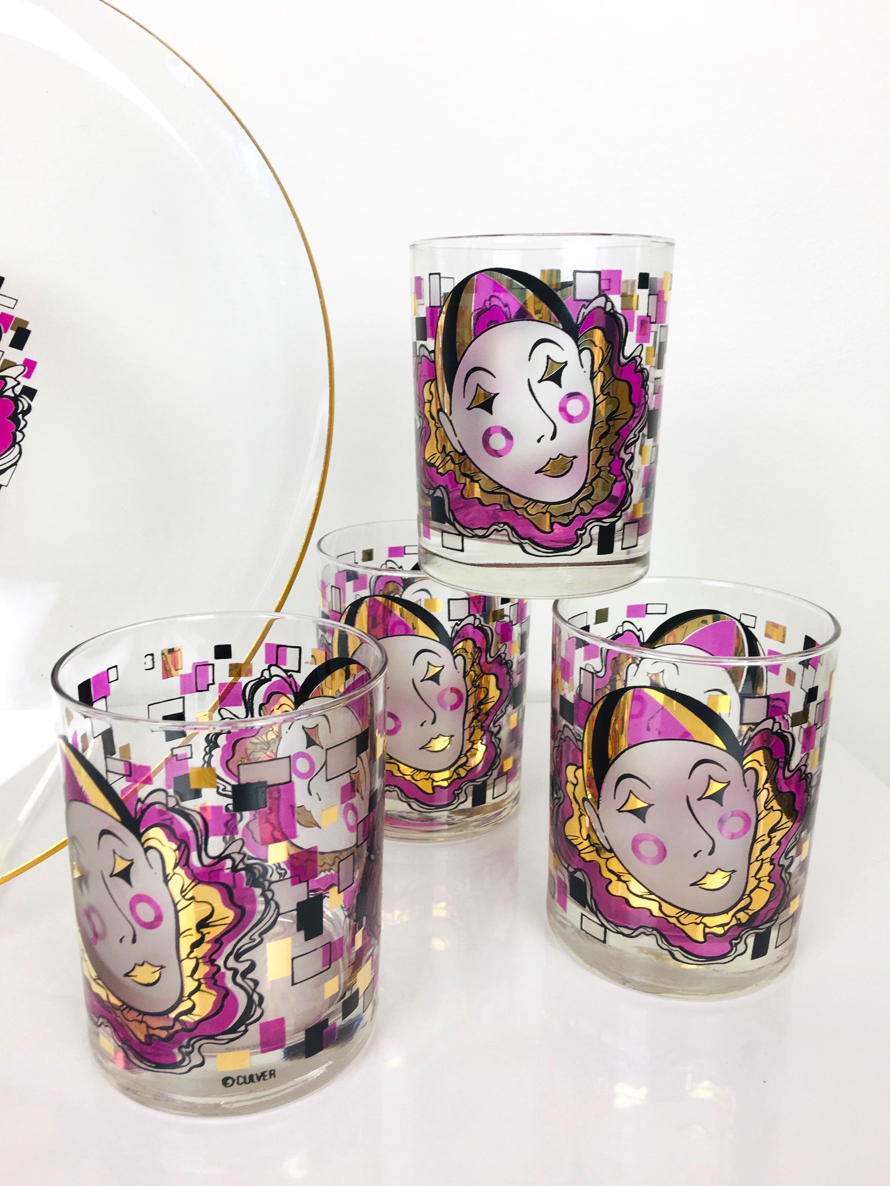 Late 20th Century 1980s 22K Culver Clown 8 Vintage Barware Cocktail Glasses and Serving Tray Set For Sale