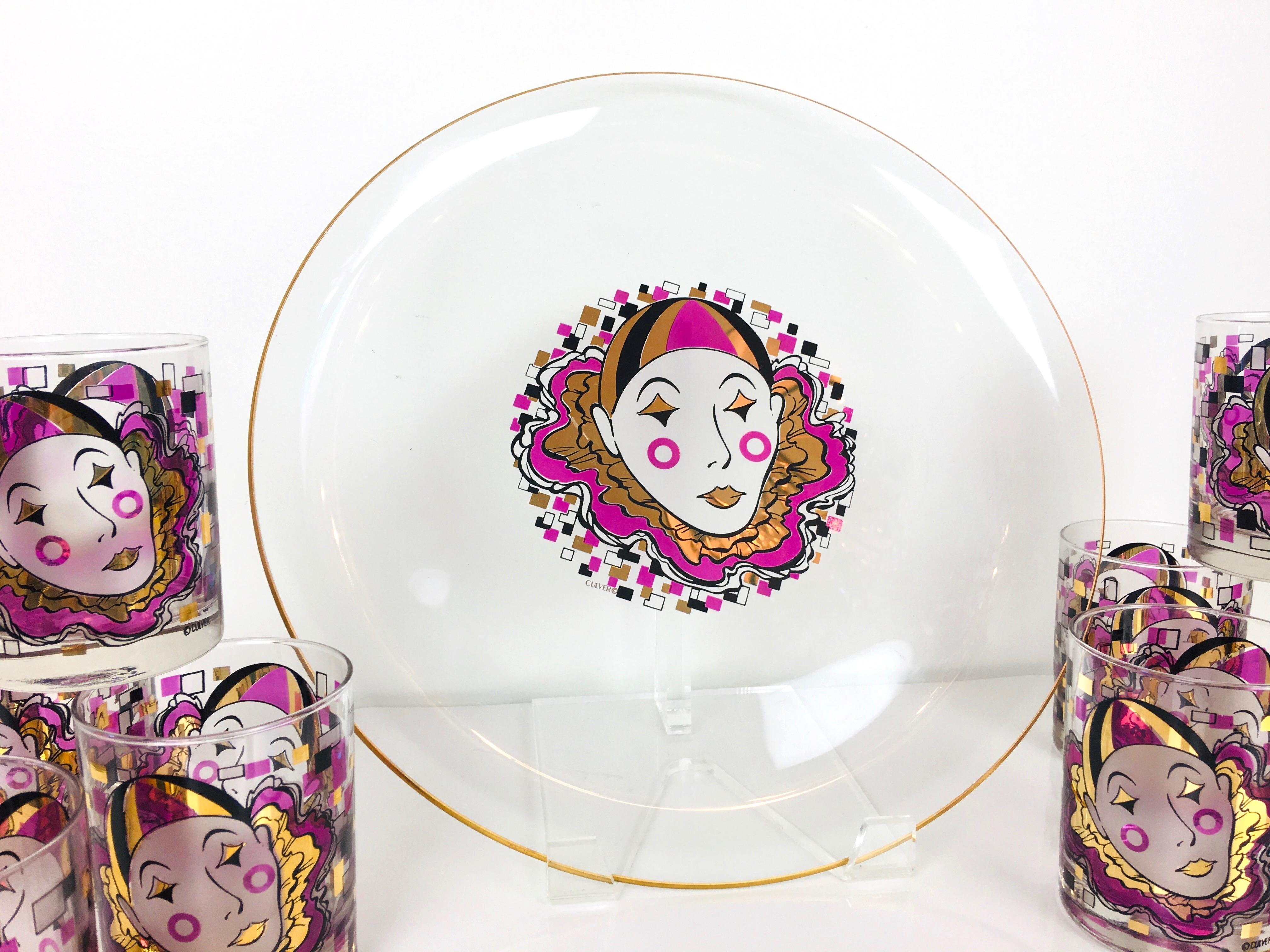 1980s 22K Culver Clown 8 Vintage Barware Cocktail Glasses and Serving Tray Set For Sale 1