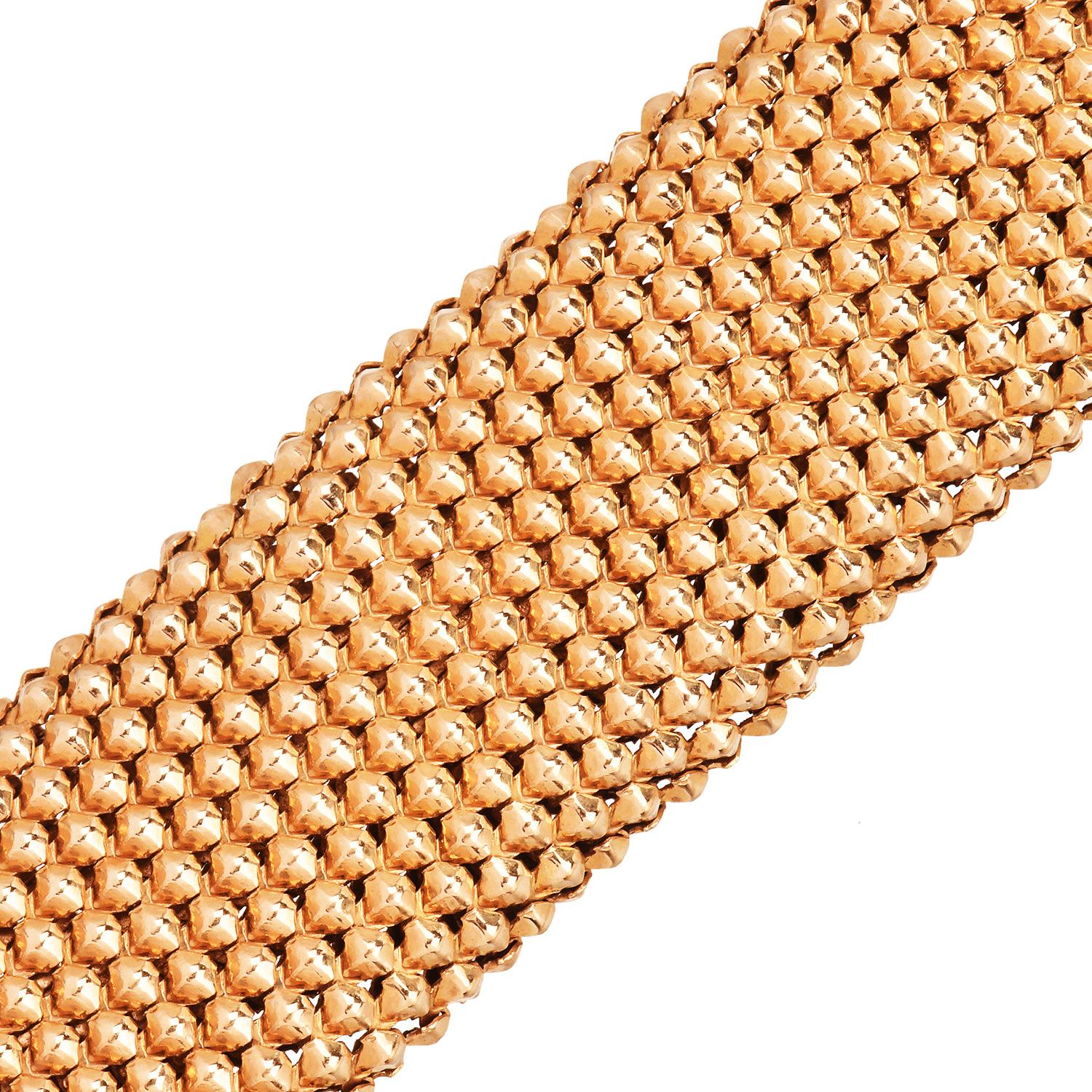 Retro 1980s 22mm Wide1  8K Yellow Gold Mesh Bracelet,  8 Inches For Sale