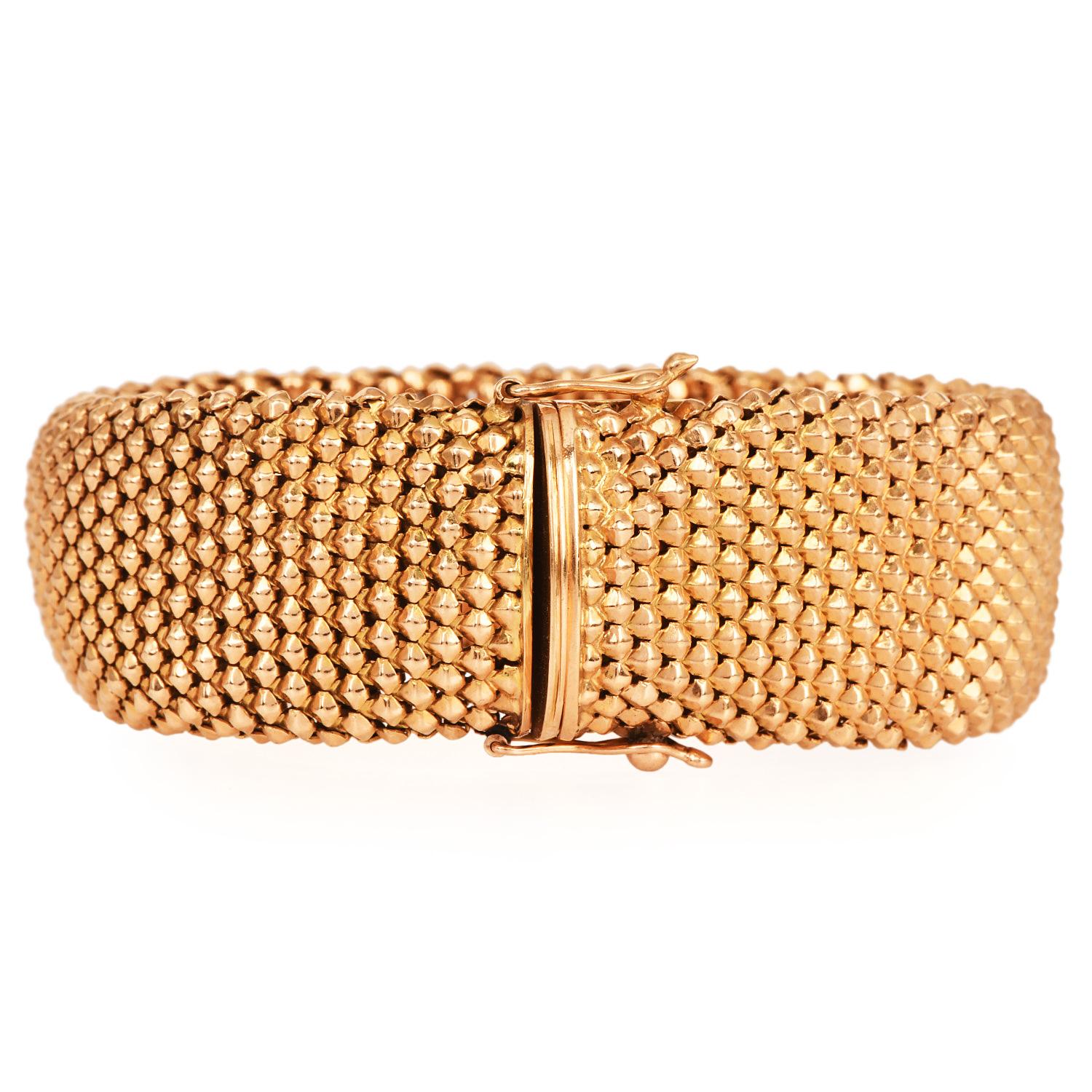 Women's or Men's 1980s 22mm Wide1  8K Yellow Gold Mesh Bracelet,  8 Inches For Sale