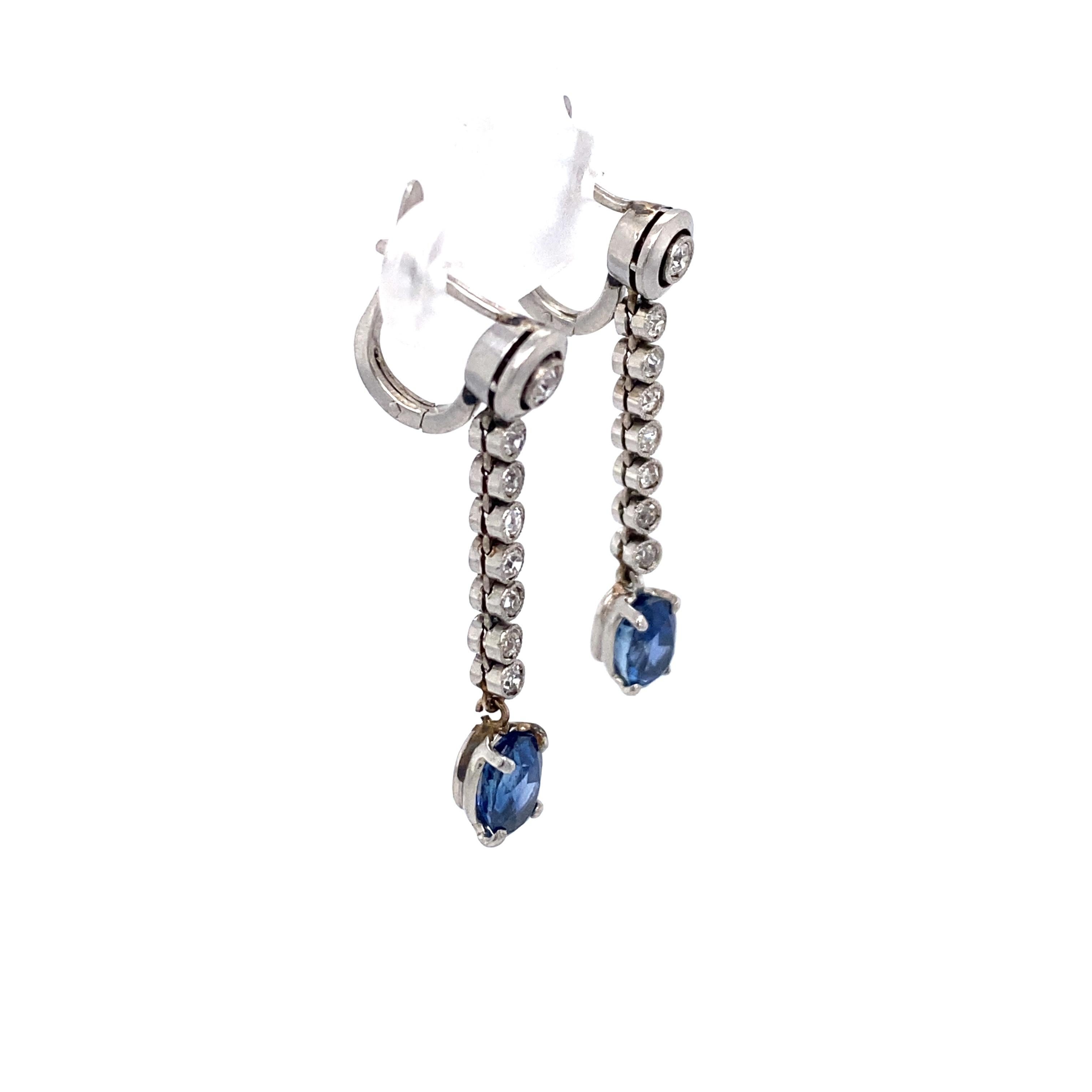 Oval Cut 1980s 2.3 Carat Sapphire and Diamond Earrings in 14K White Gold and Platinum For Sale