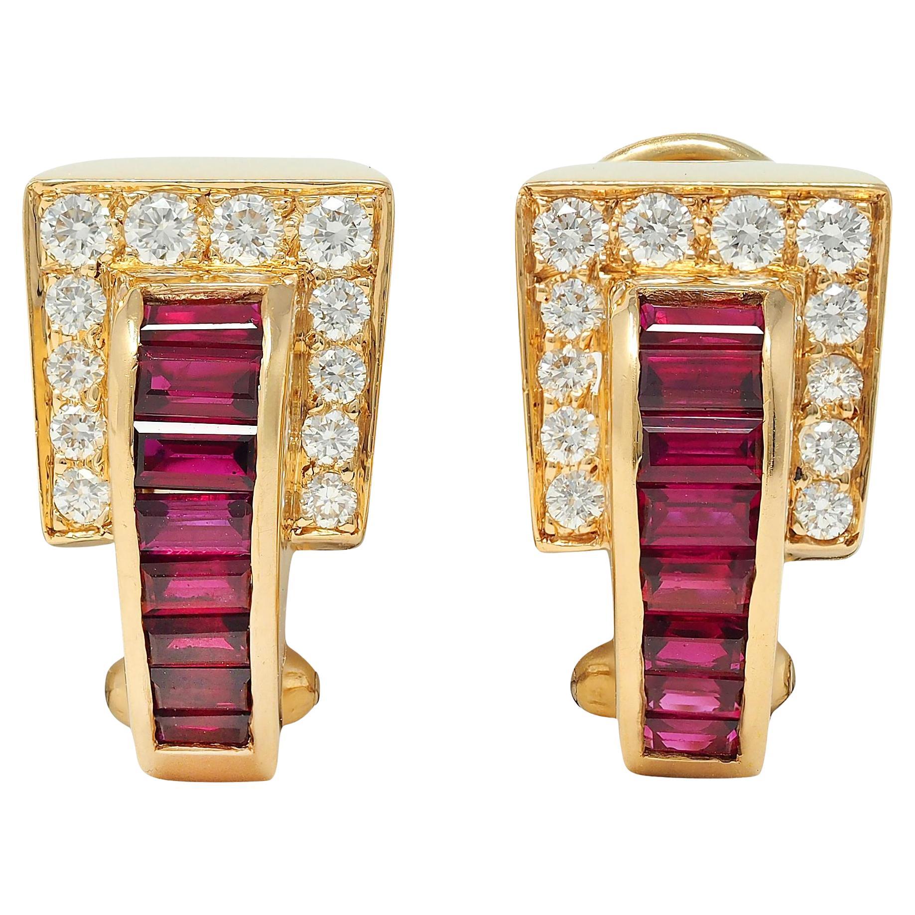 1980's 2.30 CTW Ruby Diamond 18 Karat Yellow Gold Vintage J-Hoop Earrings