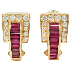 1980's 2.30 CTW Ruby Diamond 18 Karat Yellow Gold Vintage J-Hoop Earrings