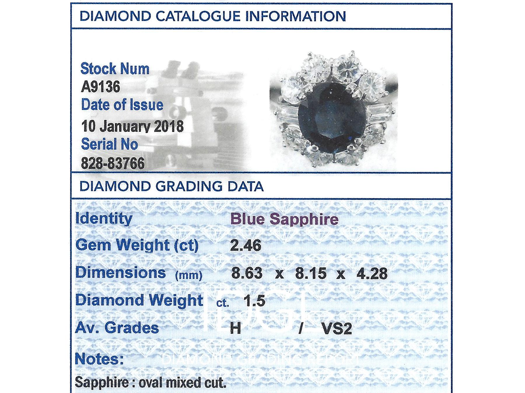 1980er Jahre Verlobungsring aus Weißgold mit 2,46 Karat Saphir und 1,50 Karat Diamant im Angebot 2