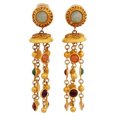 Vintage 1980s 24k Matte Gold Chandelier Gemstone Statement Earrings By Natasha Stambouli