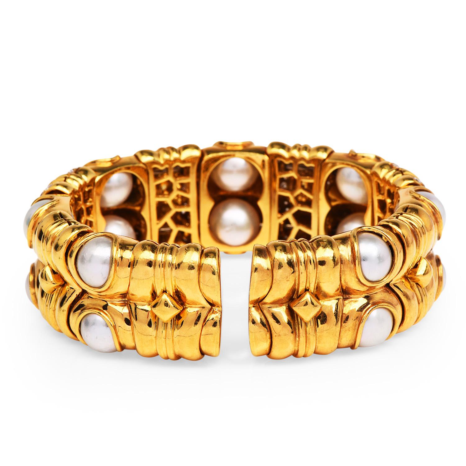 Modern 1980s 2.50 Carat Diamond Pearl 18k Yellow Gold Bangle Cuff Bracelet
