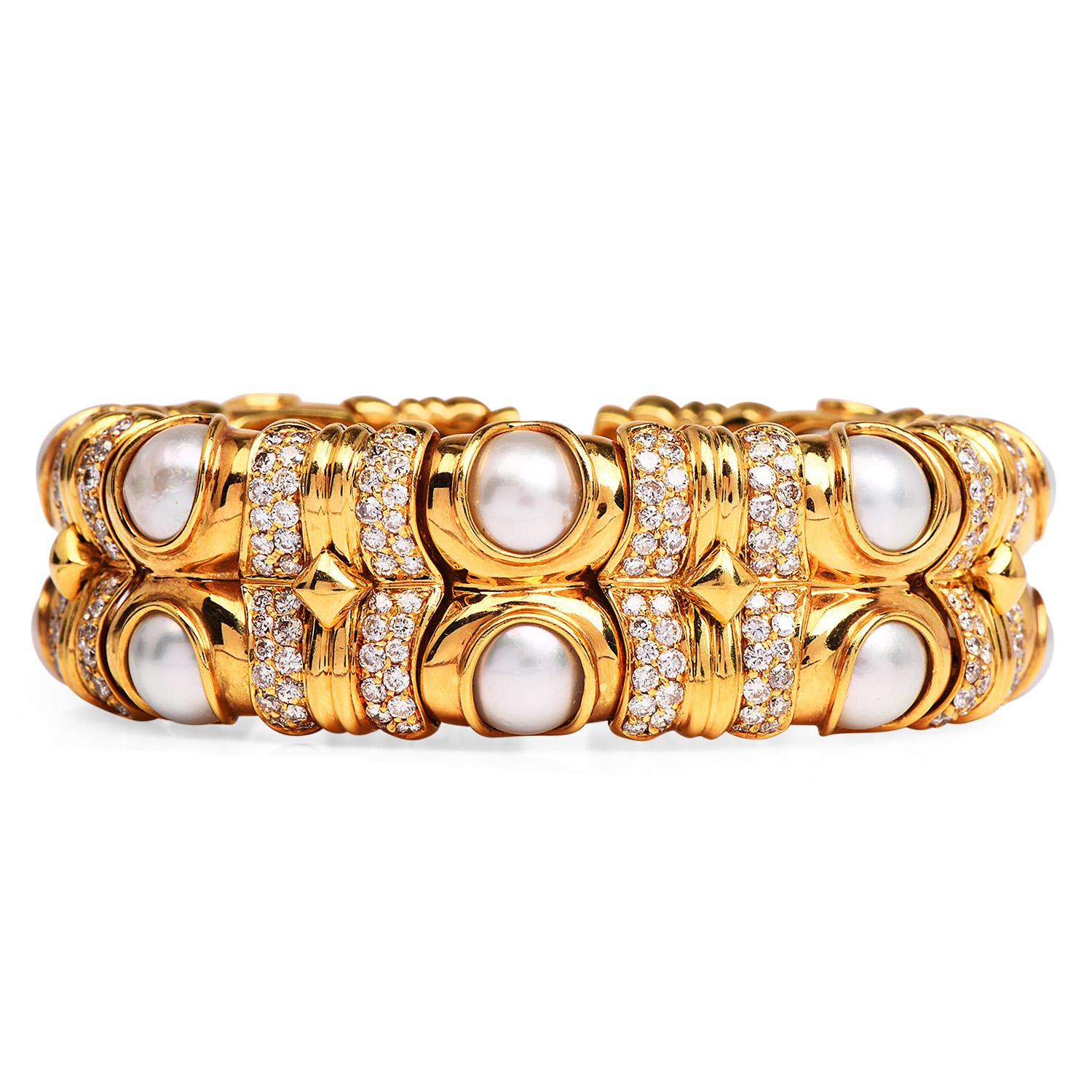 1980s 2.50 Carat Diamond Pearl 18k Yellow Gold Bangle Cuff Bracelet
