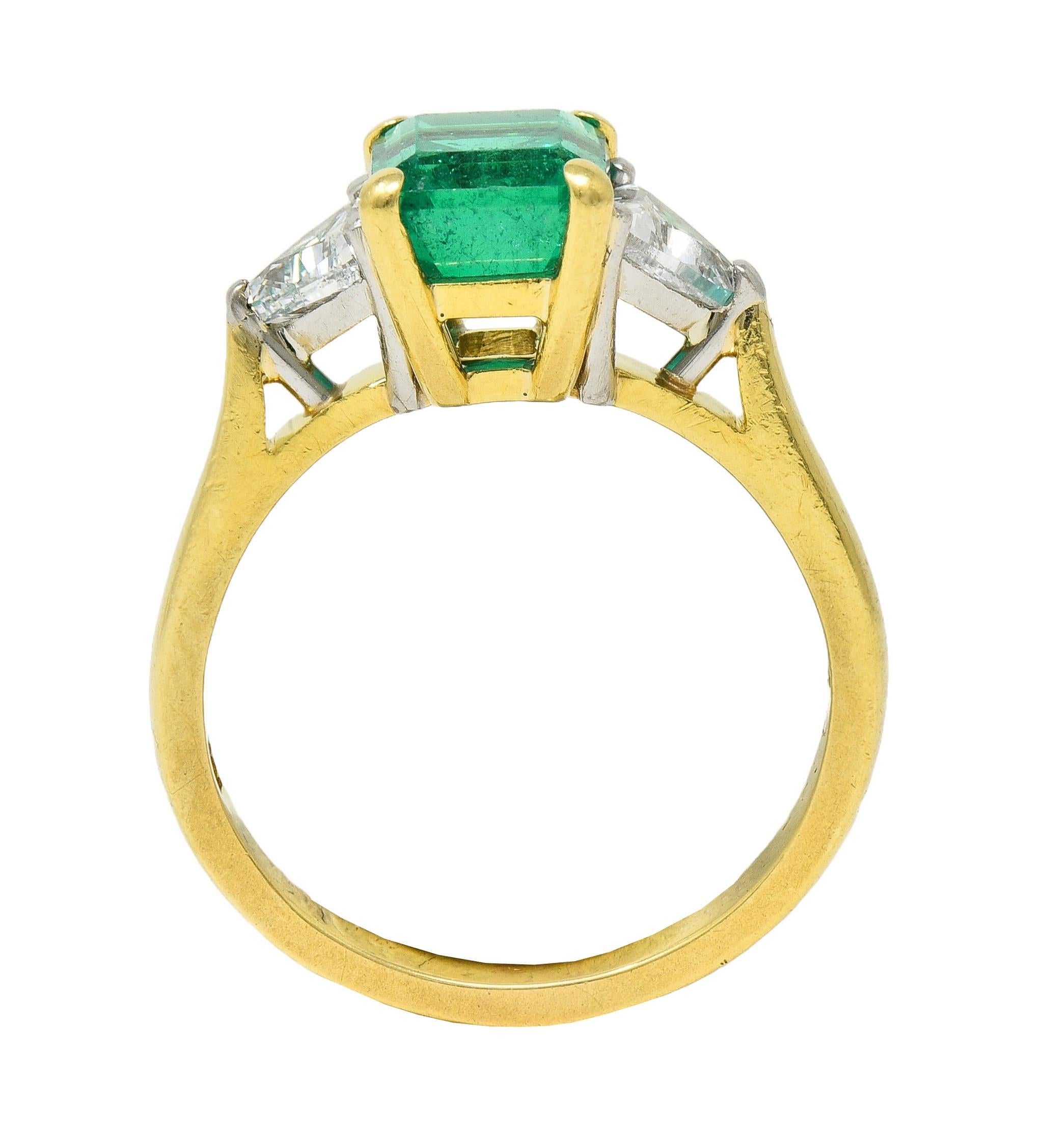 Trillion Cut 1980's 2.67 CTW Colombian Emerald Diamond Platinum 18K Gold Vintage Ring GIA