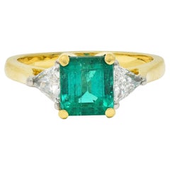 1980's 2.67 CTW Colombian Emerald Diamond Platinum 18K Gold Vintage Ring GIA